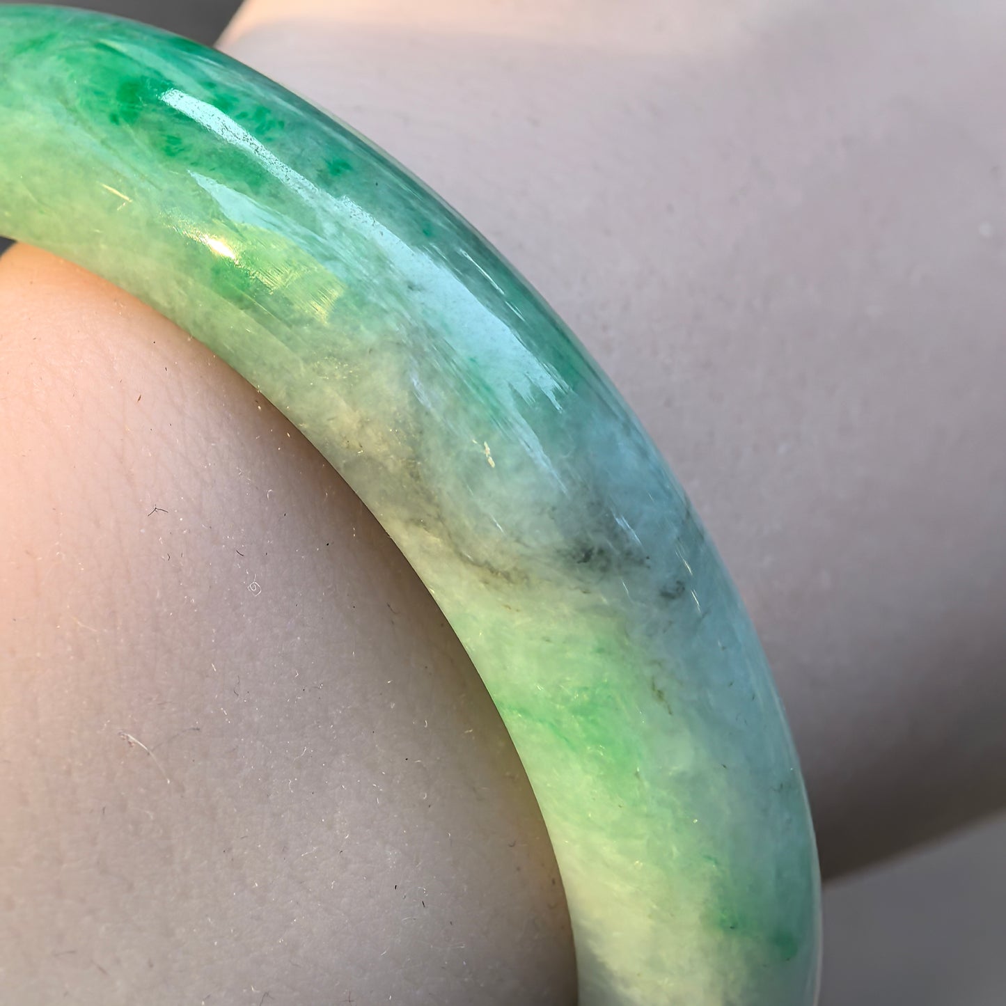 Natural Grade-A Jadeite Bangle – Partial Vivid Green Glutinous Burmese Jade D-Shape 58mm