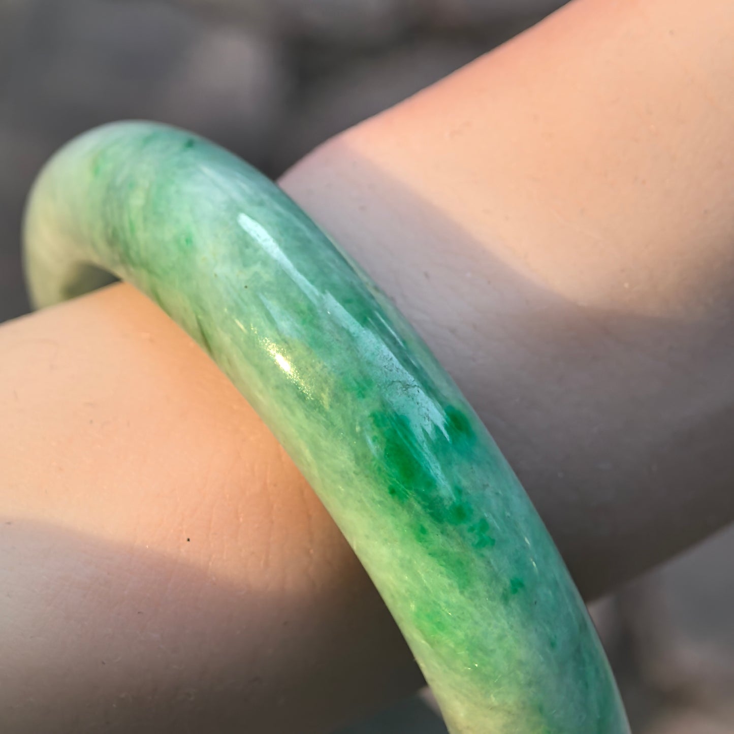 Natural Grade-A Jadeite Bangle – Partial Vivid Green Glutinous Burmese Jade D-Shape 58mm