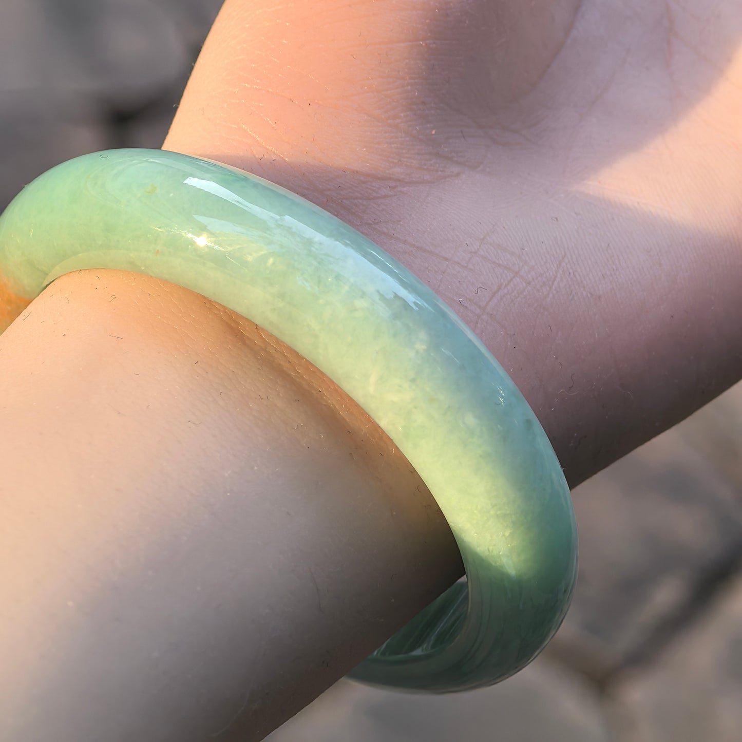 Natural Grade-A Jadeite D-Shape Bangle – Apple Green “Gold Splash” Burmese Jade 55mm