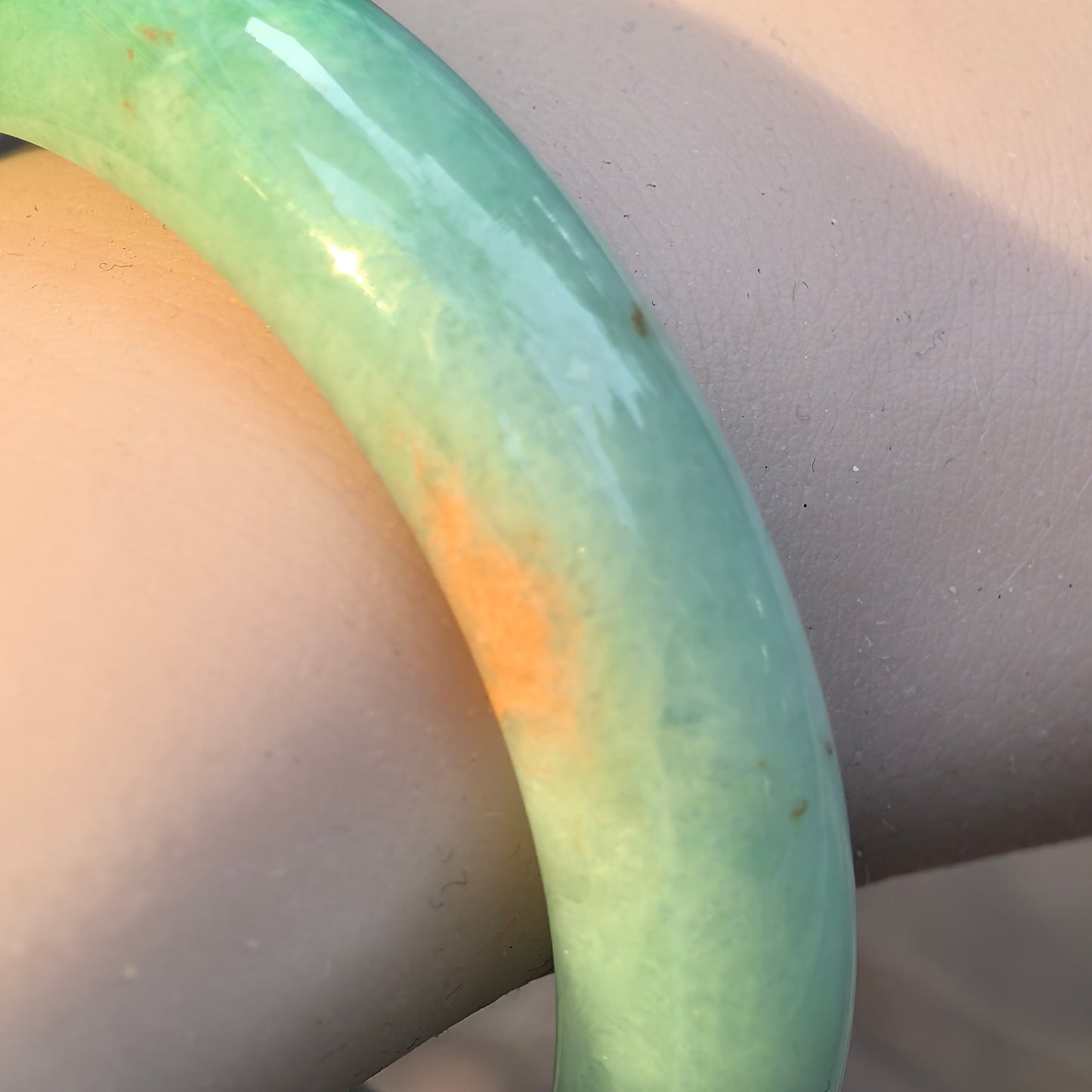 Natural Grade-A Jadeite D-Shape Bangle – Apple Green “Gold Splash” Burmese Jade 55mm