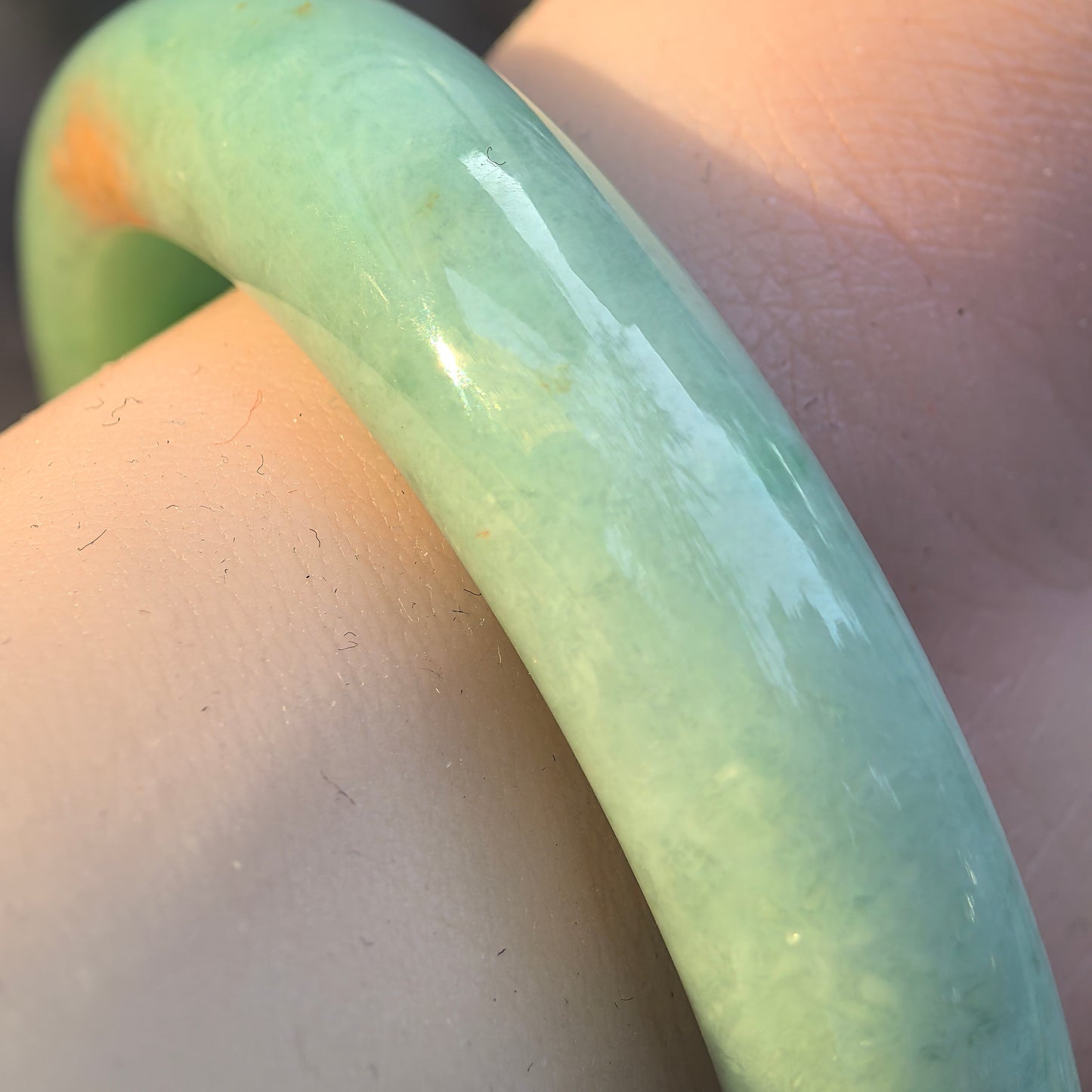Natural Grade-A Jadeite D-Shape Bangle – Apple Green “Gold Splash” Burmese Jade 55mm