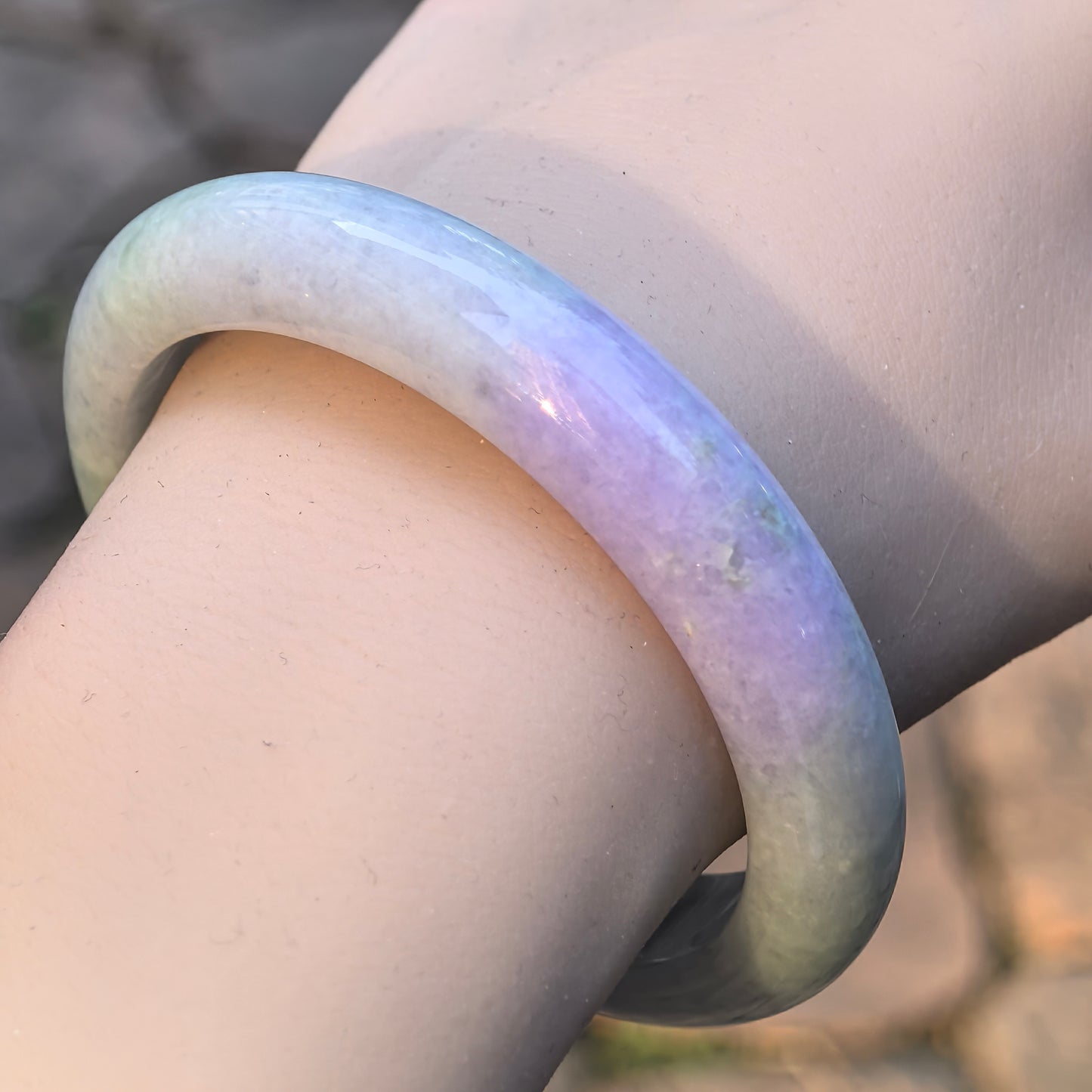 Natural Grade-A Jadeite D-Shape Bangle – Pale Green & Lavender Burmese Jade 58mm