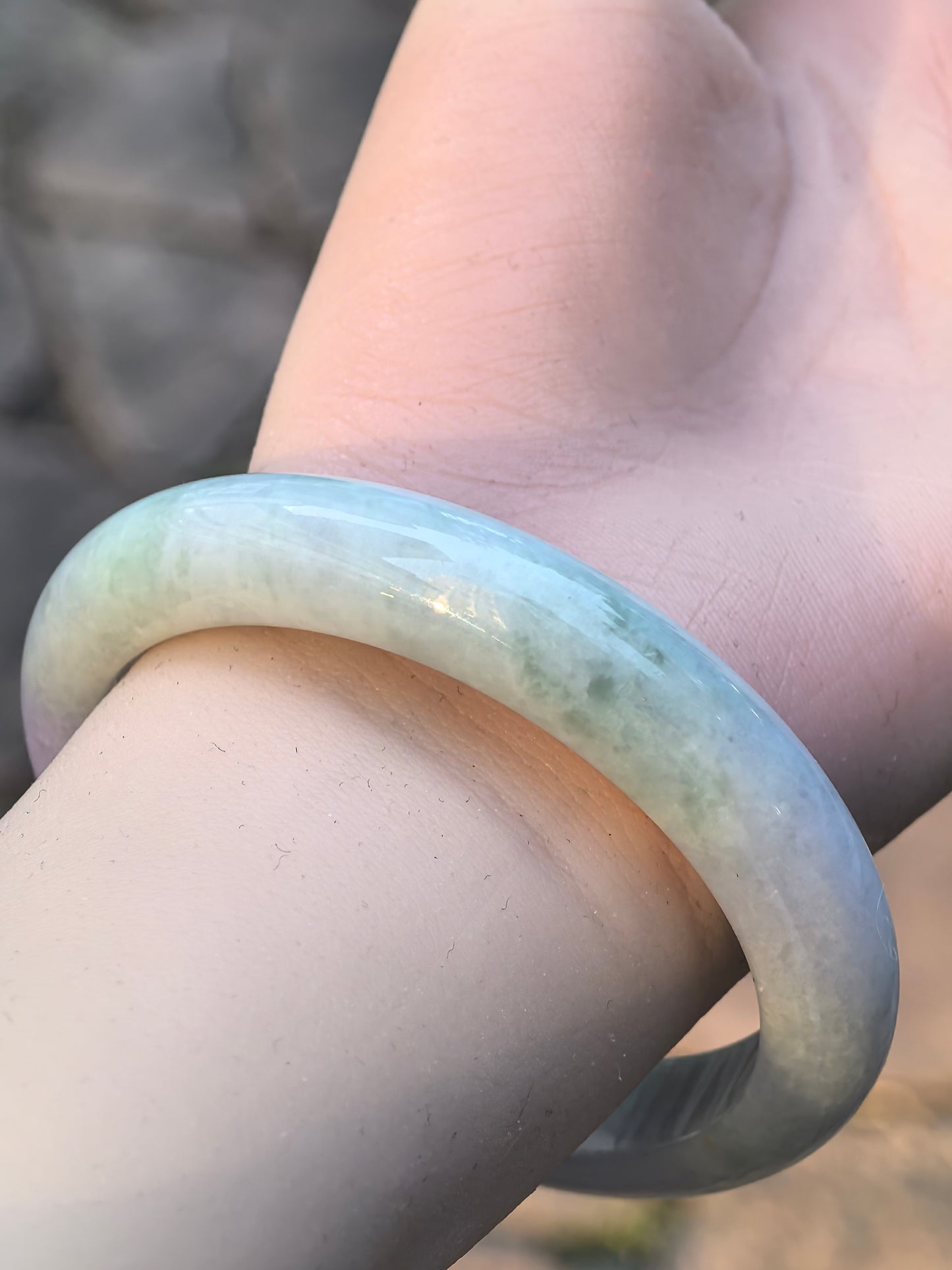 Natural Grade-A Jadeite D-Shape Bangle – Pale Green & Lavender Burmese Jade 58mm