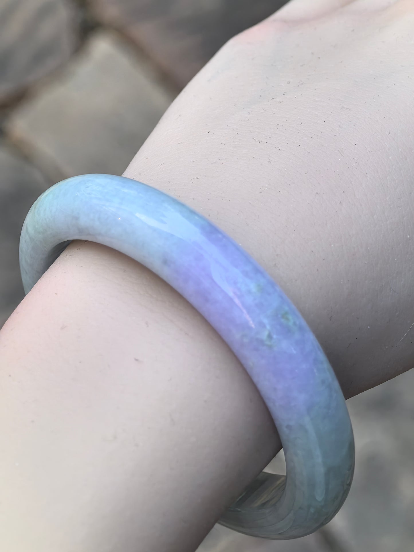 Natural Grade-A Jadeite D-Shape Bangle – Pale Green & Lavender Burmese Jade 58mm