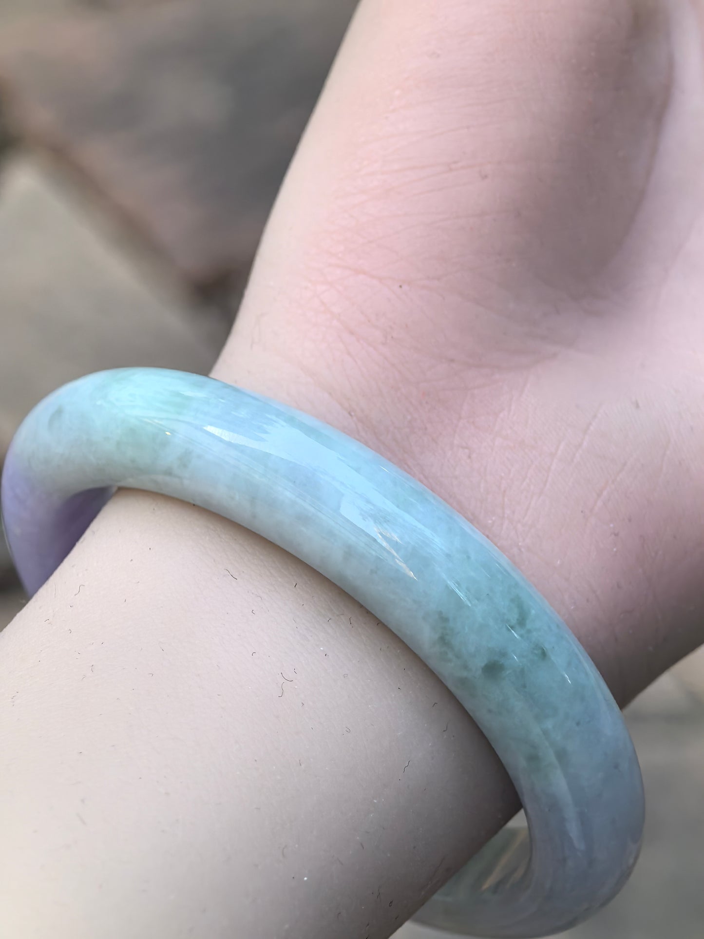 Natural Grade-A Jadeite D-Shape Bangle – Pale Green & Lavender Burmese Jade 58mm