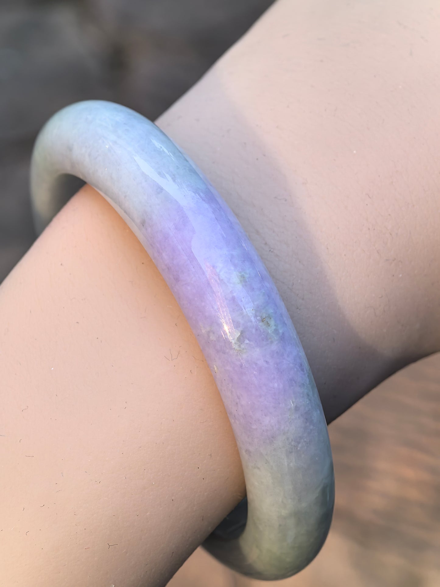 Natural Grade-A Jadeite D-Shape Bangle – Pale Green & Lavender Burmese Jade 58mm