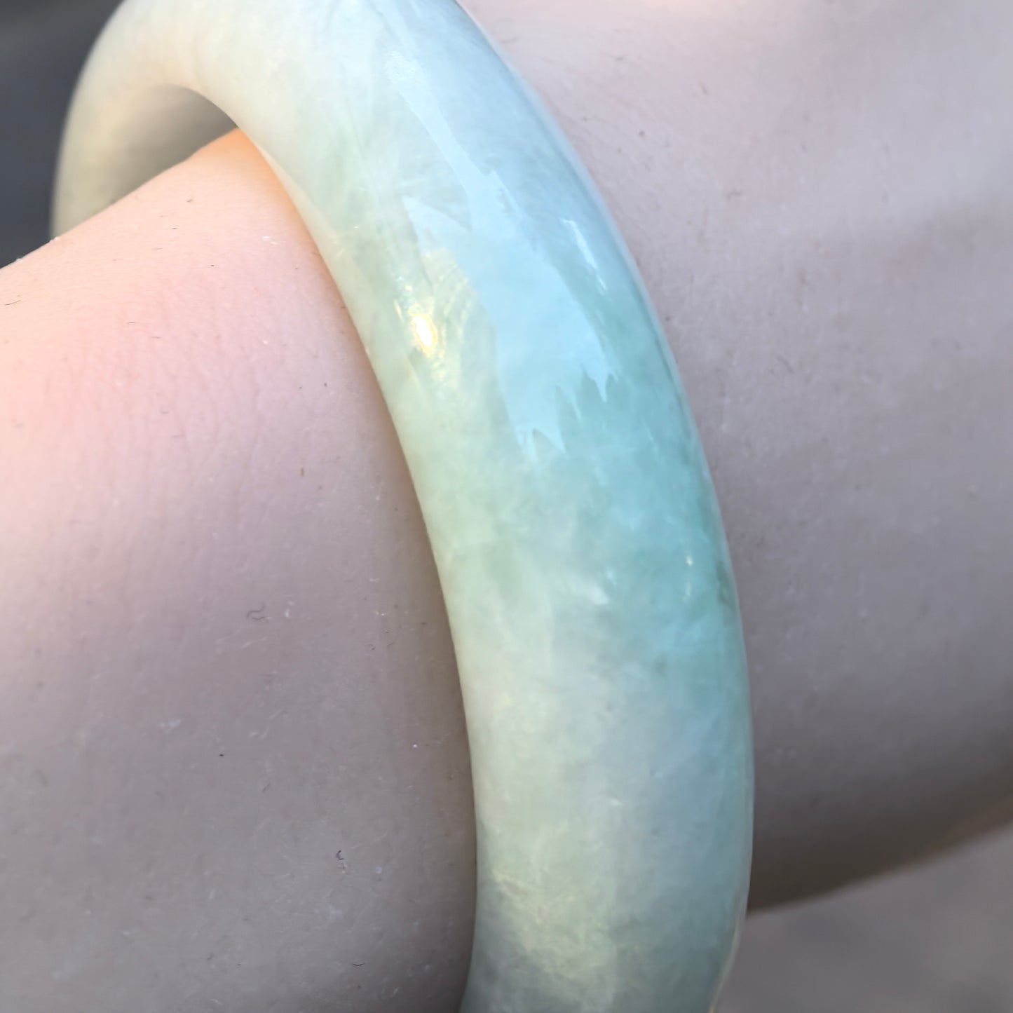 Natural Grade-A Jadeite Bangle – Pale Green Glutinous Burmese Jade D-Shape 54.5mm