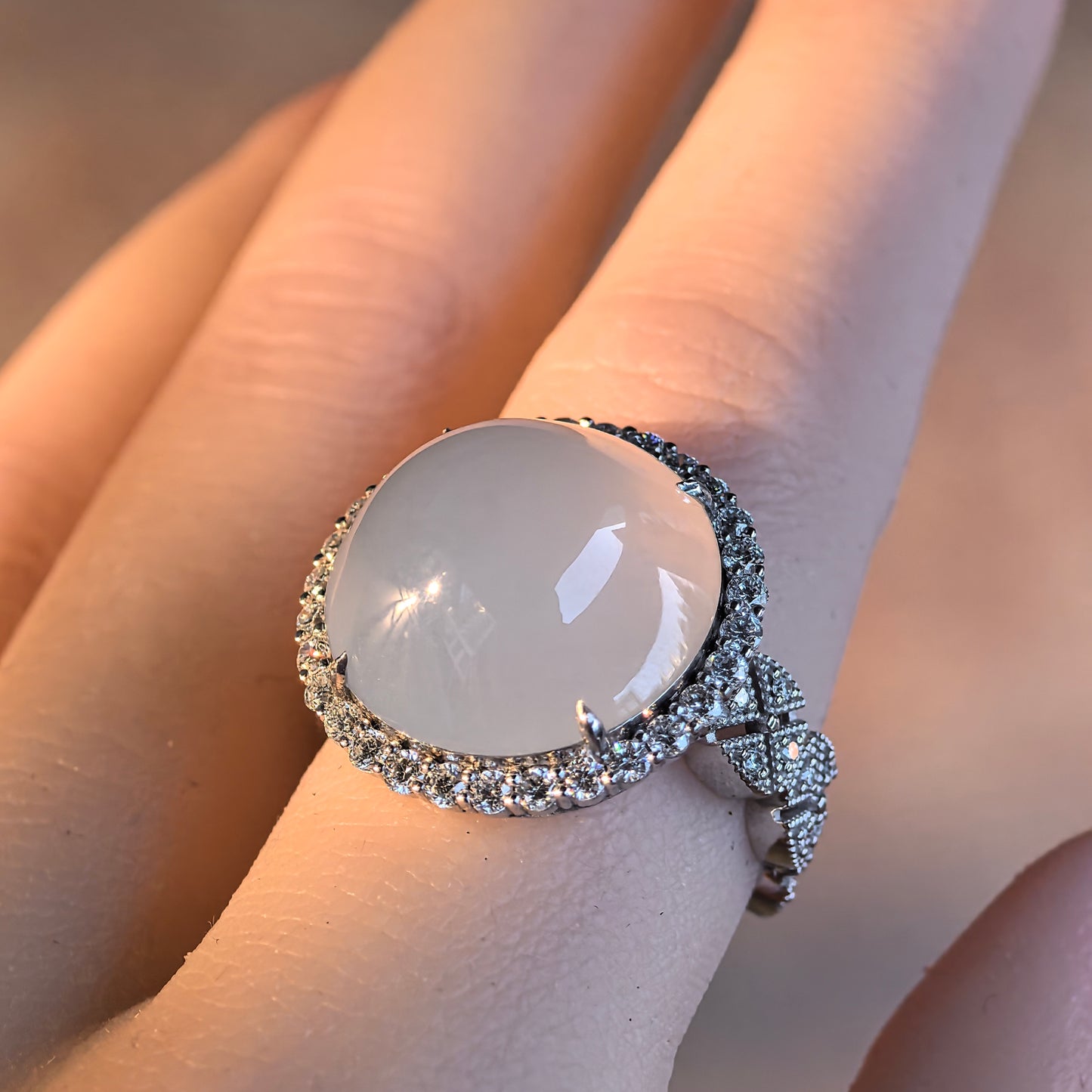 Natural Grade-A Jadeite “Pigeon-Egg” Cabochon Ring – Glutinous-Icy Burmese Jade, Platinum Pt950 Setting