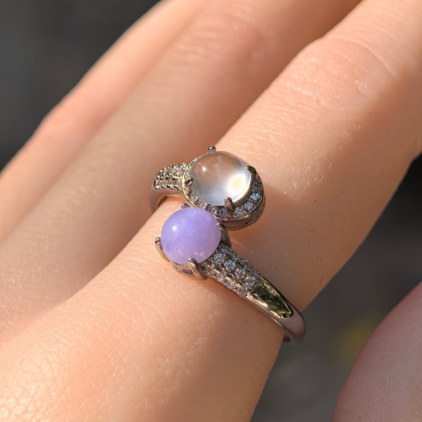 Natural Grade-A Silver-Set White Icy & Lavender Jadeite Twin Ring · Burmese Jadeite