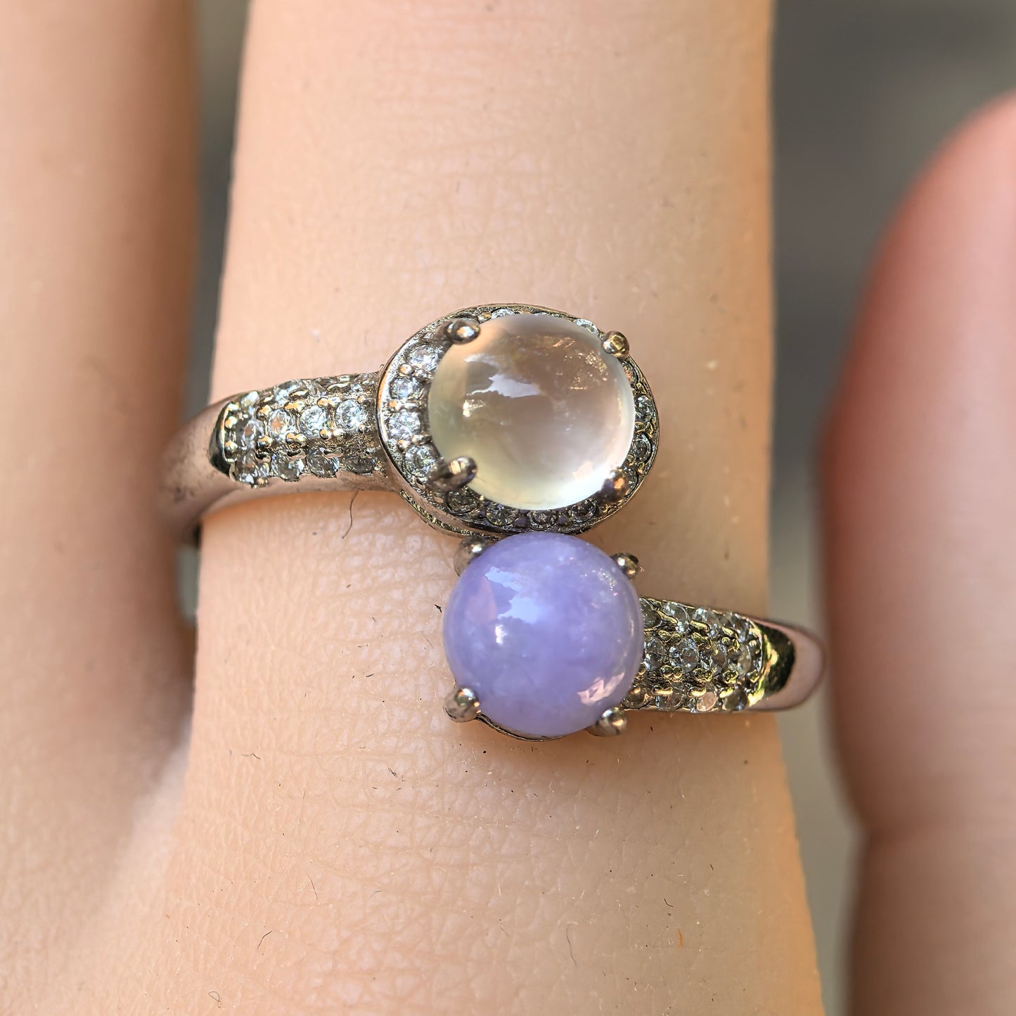 Natural Grade-A Silver-Set White Icy & Lavender Jadeite Twin Ring · Burmese Jadeite