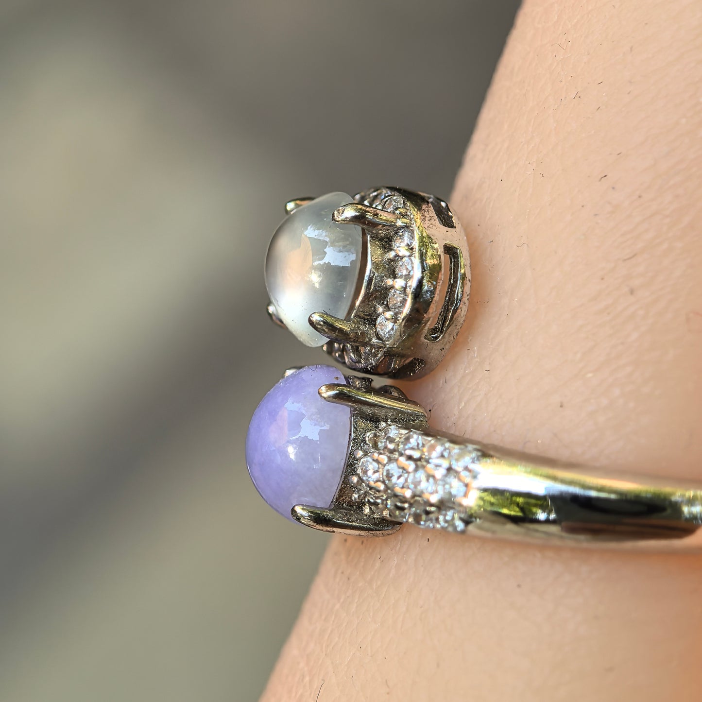 Natural Grade-A Silver-Set White Icy & Lavender Jadeite Twin Ring · Burmese Jadeite