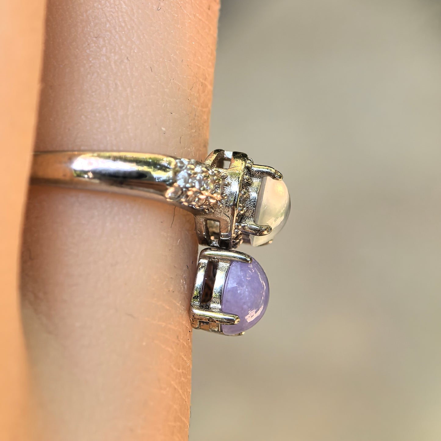 Natural Grade-A Silver-Set White Icy & Lavender Jadeite Twin Ring · Burmese Jadeite