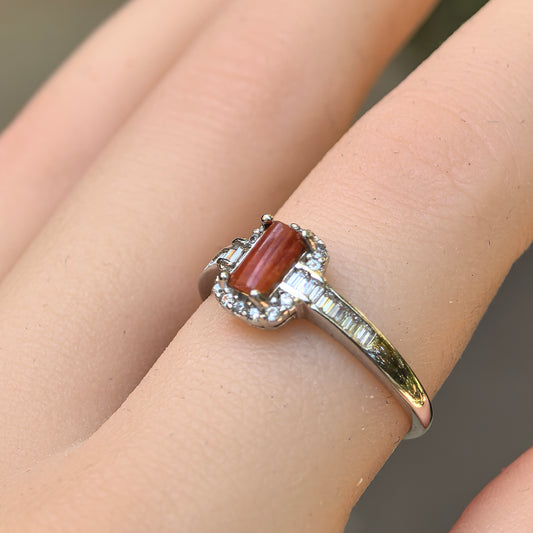 Natural Grade-A Silver-Set Red Jadeite Rectangular Ring · Burmese Jade