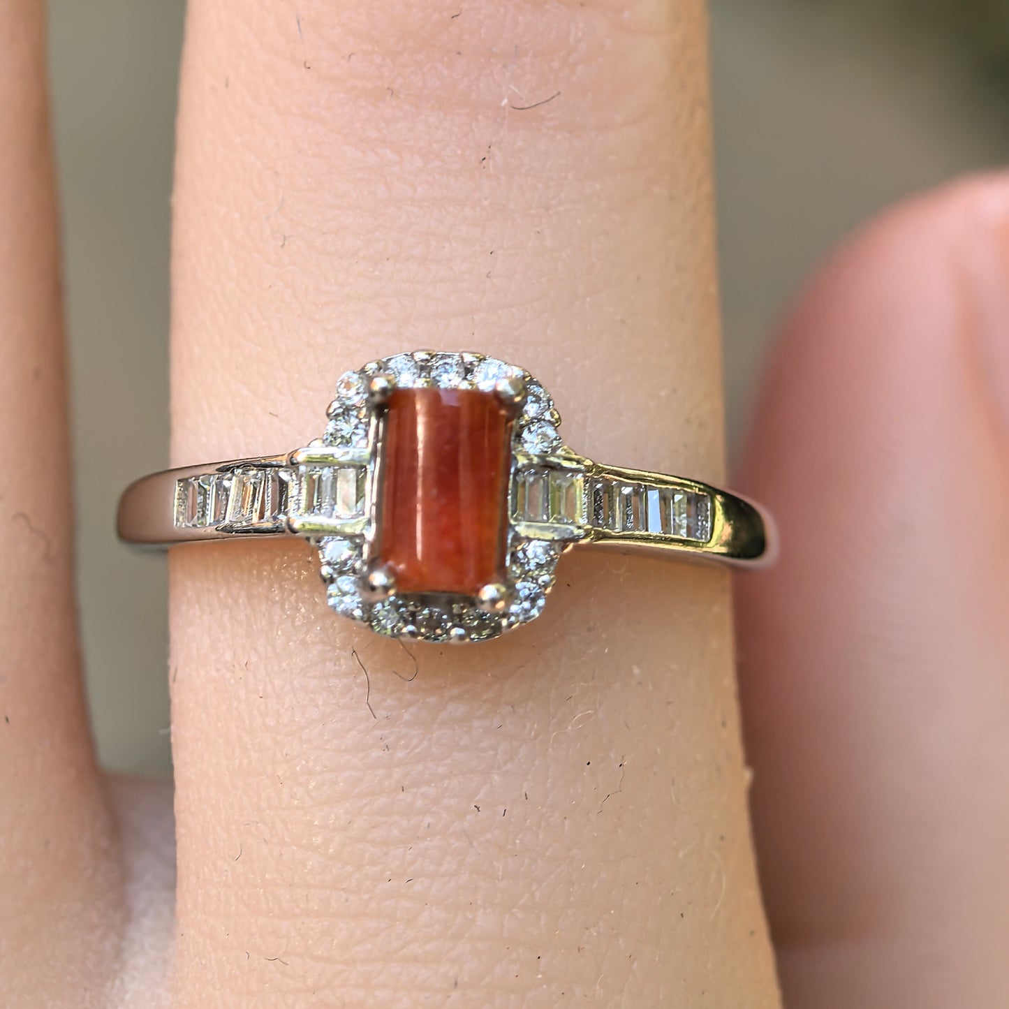 Natural Grade-A Silver-Set Red Jadeite Rectangular Ring · Burmese Jade