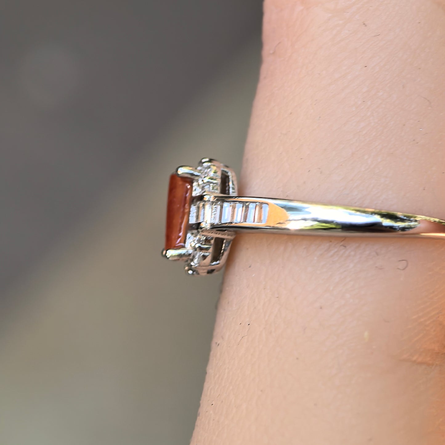 Natural Grade-A Silver-Set Red Jadeite Rectangular Ring · Burmese Jade