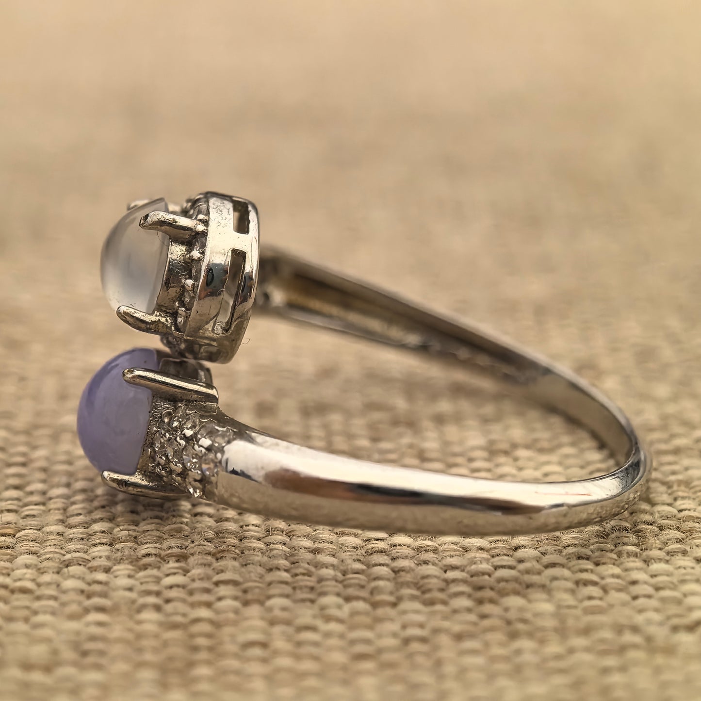 Natural Grade-A Silver-Set White Icy & Lavender Jadeite Twin Ring · Burmese Jadeite