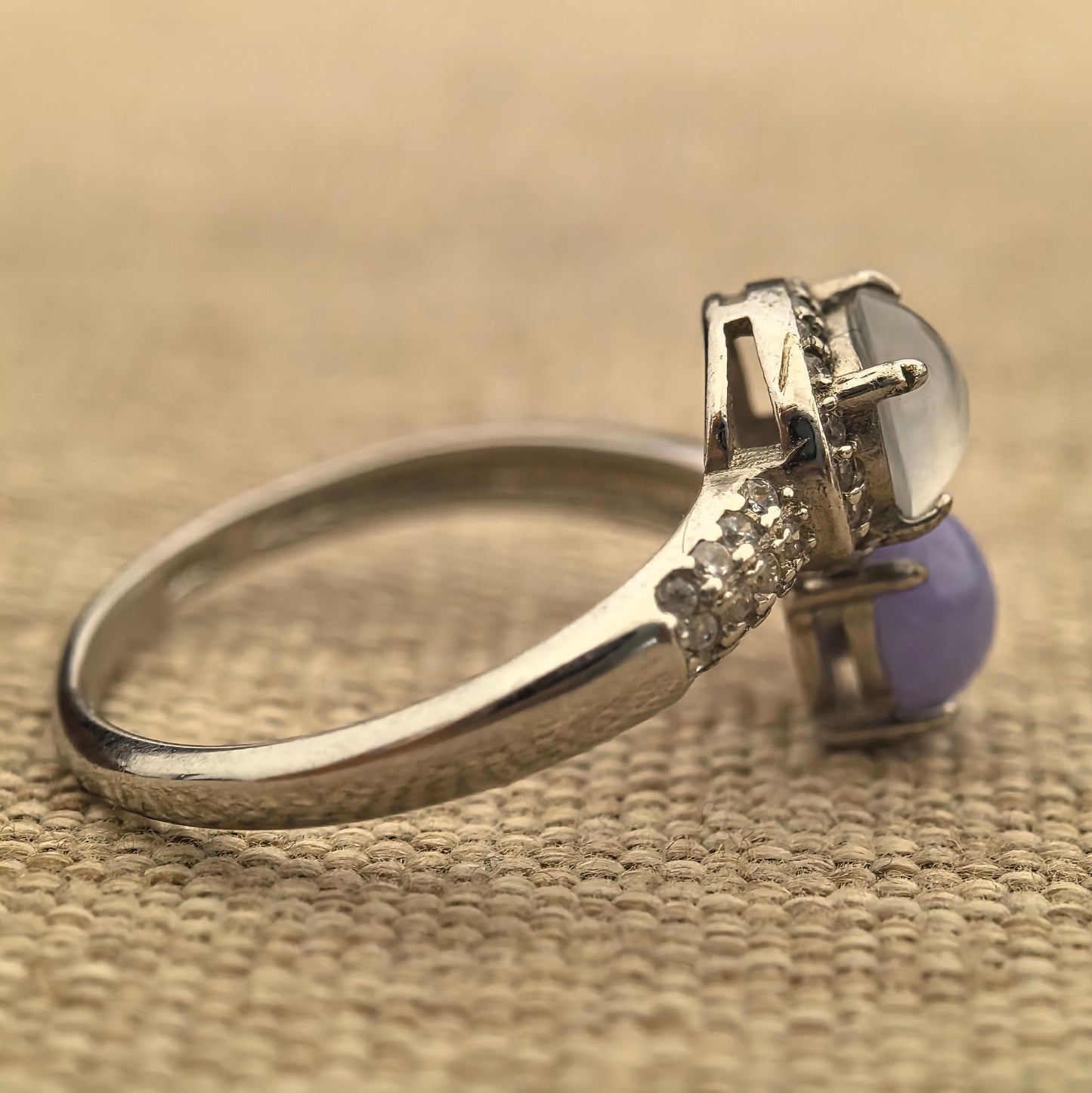 Natural Grade-A Silver-Set White Icy & Lavender Jadeite Twin Ring · Burmese Jadeite