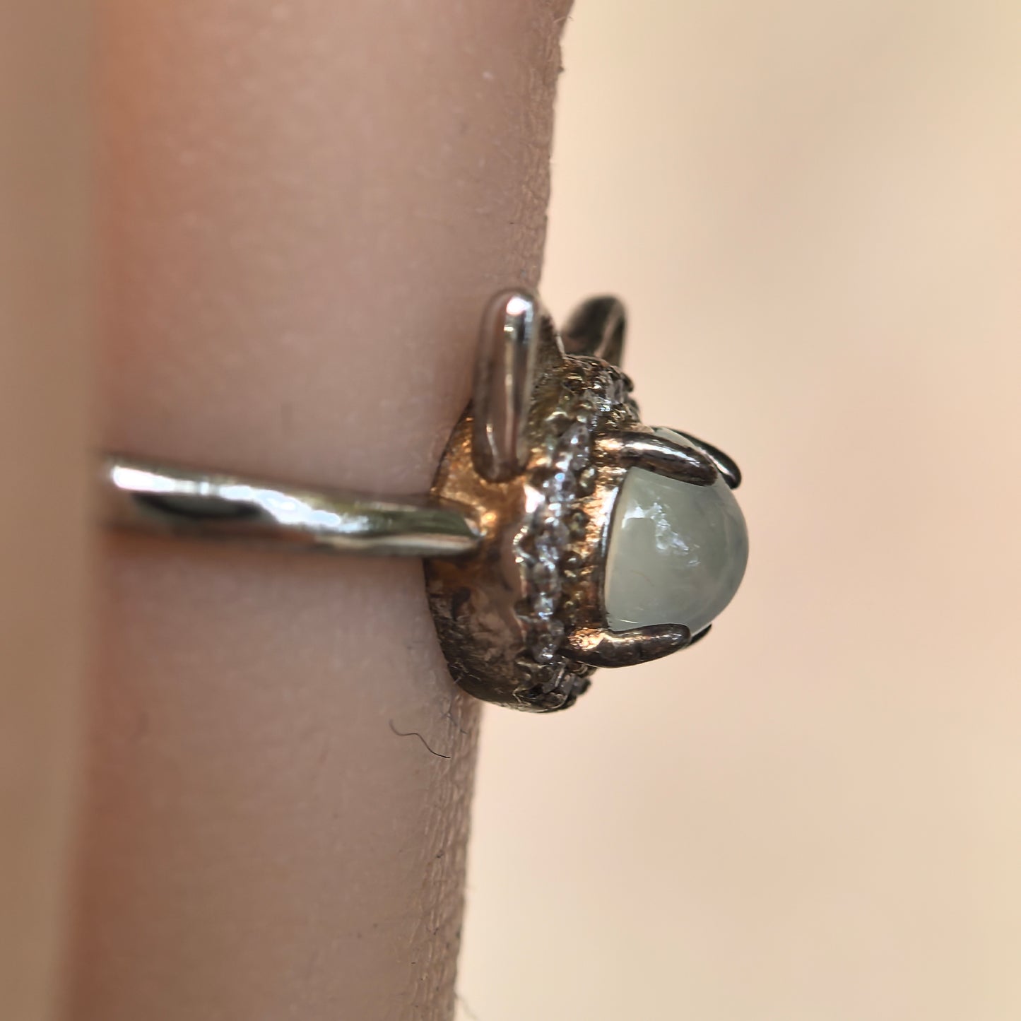 Natural Grade-A Silver-Set Icy White Cat Jadeite Ring · Burmese Jadeite