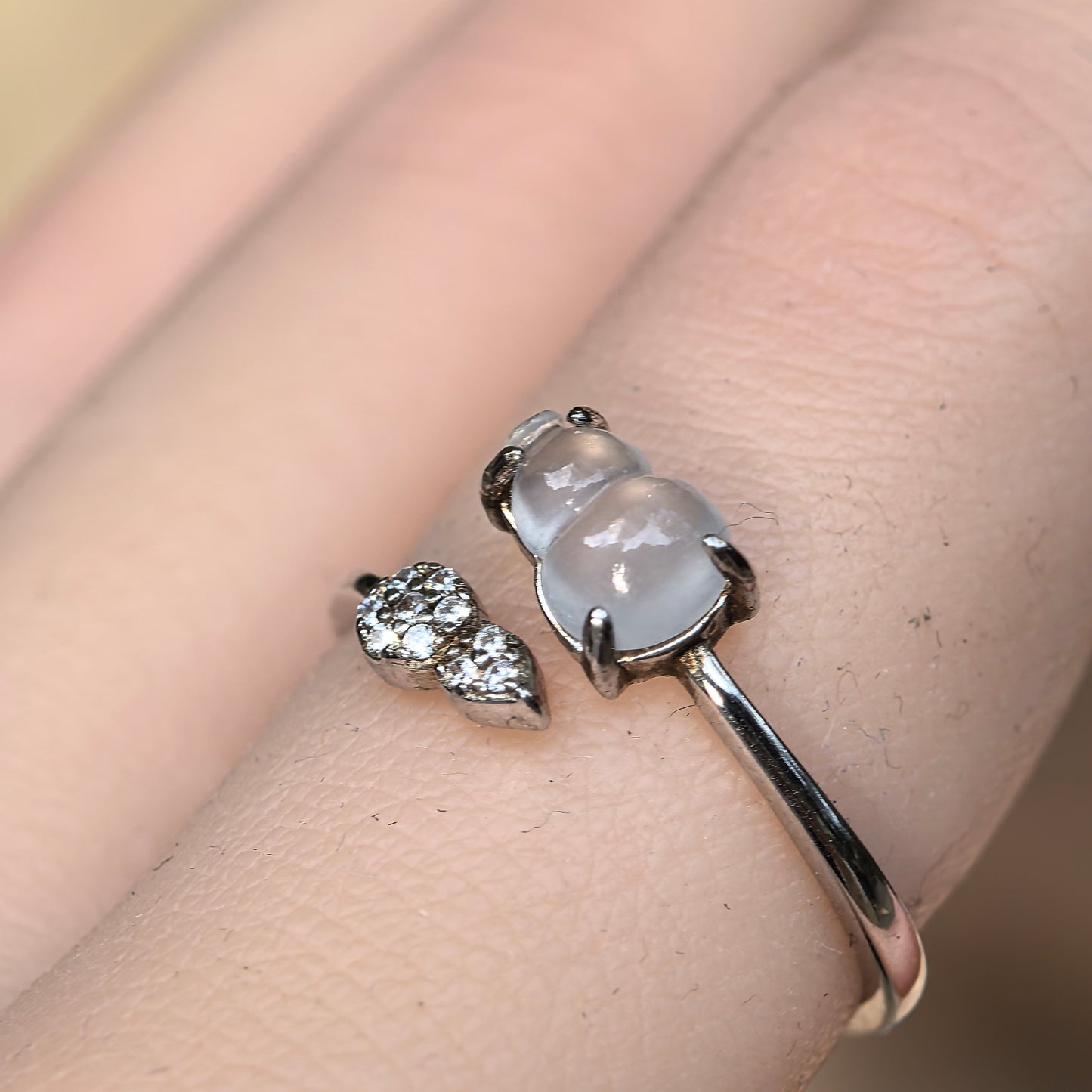 Natural Grade-A Silver-Set Icy Translucent Double Gourd (Hulu) Jadeite Open Ring · Burmese Jadeite