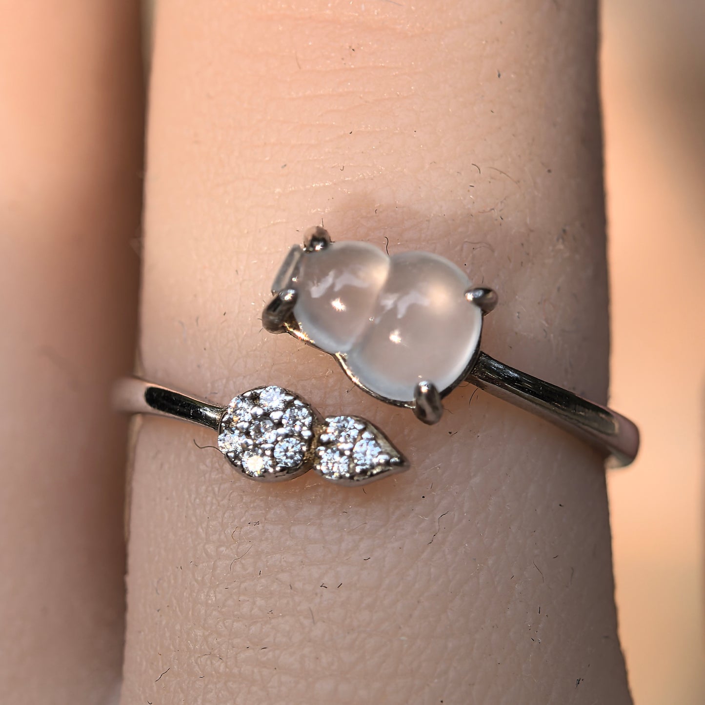 Natural Grade-A Silver-Set Icy Translucent Double Gourd (Hulu) Jadeite Open Ring · Burmese Jadeite