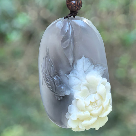 Smoky Purple Hetian Jade “White Bloom” Pendant · Natural Nephrite Jade
