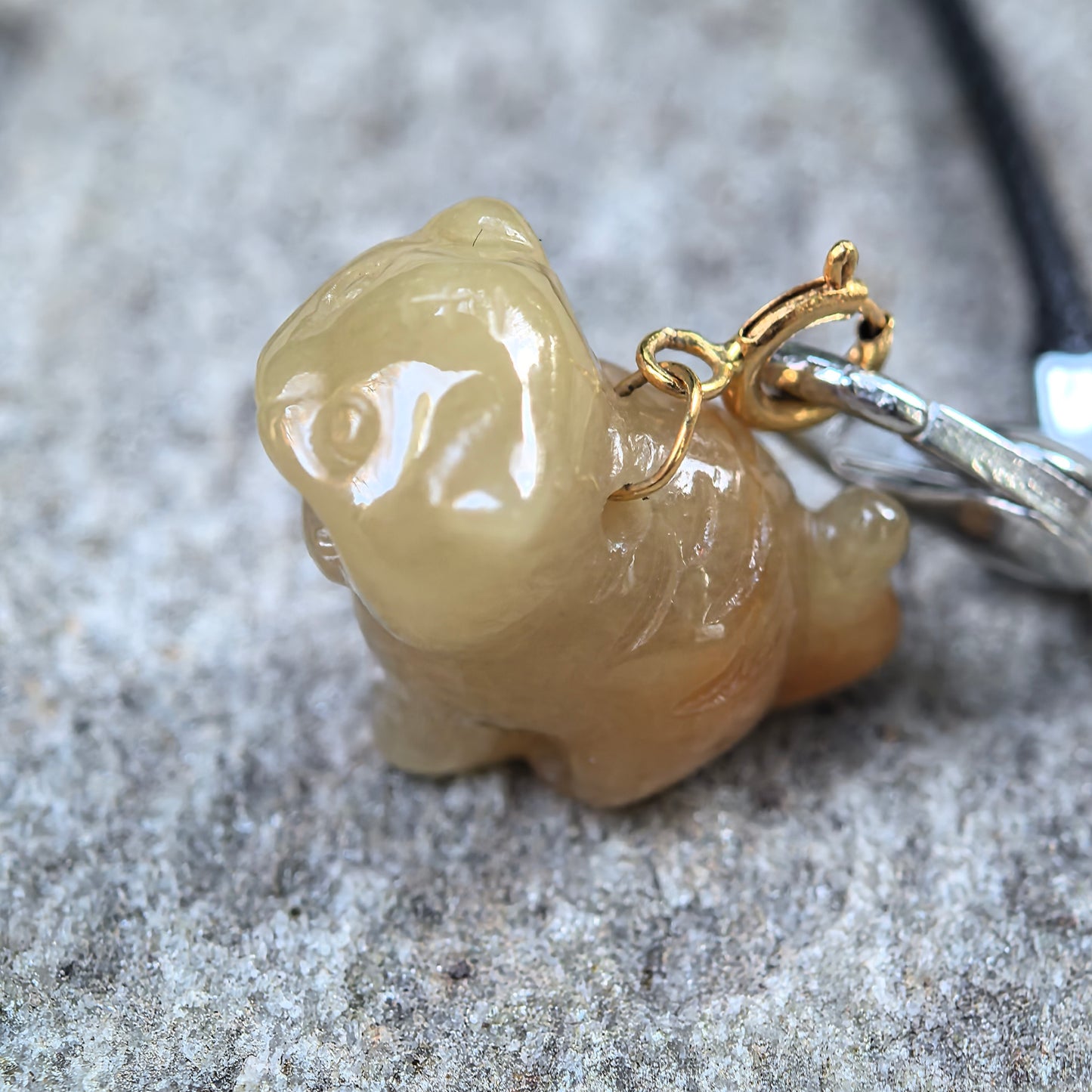 Natural Grade-A 18K Gold Bail Glutinous Icy Yellow Jadeite Tiger Charm · Burmese Jadeite