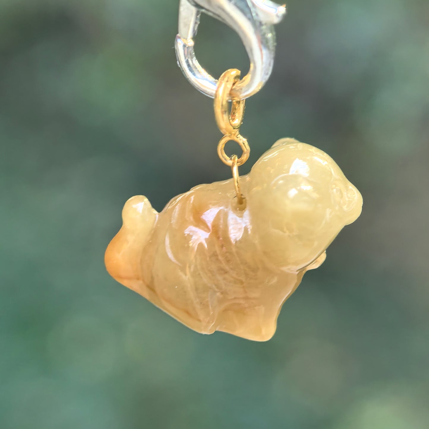 Natural Grade-A 18K Gold Bail Glutinous Icy Yellow Jadeite Tiger Charm · Burmese Jadeite