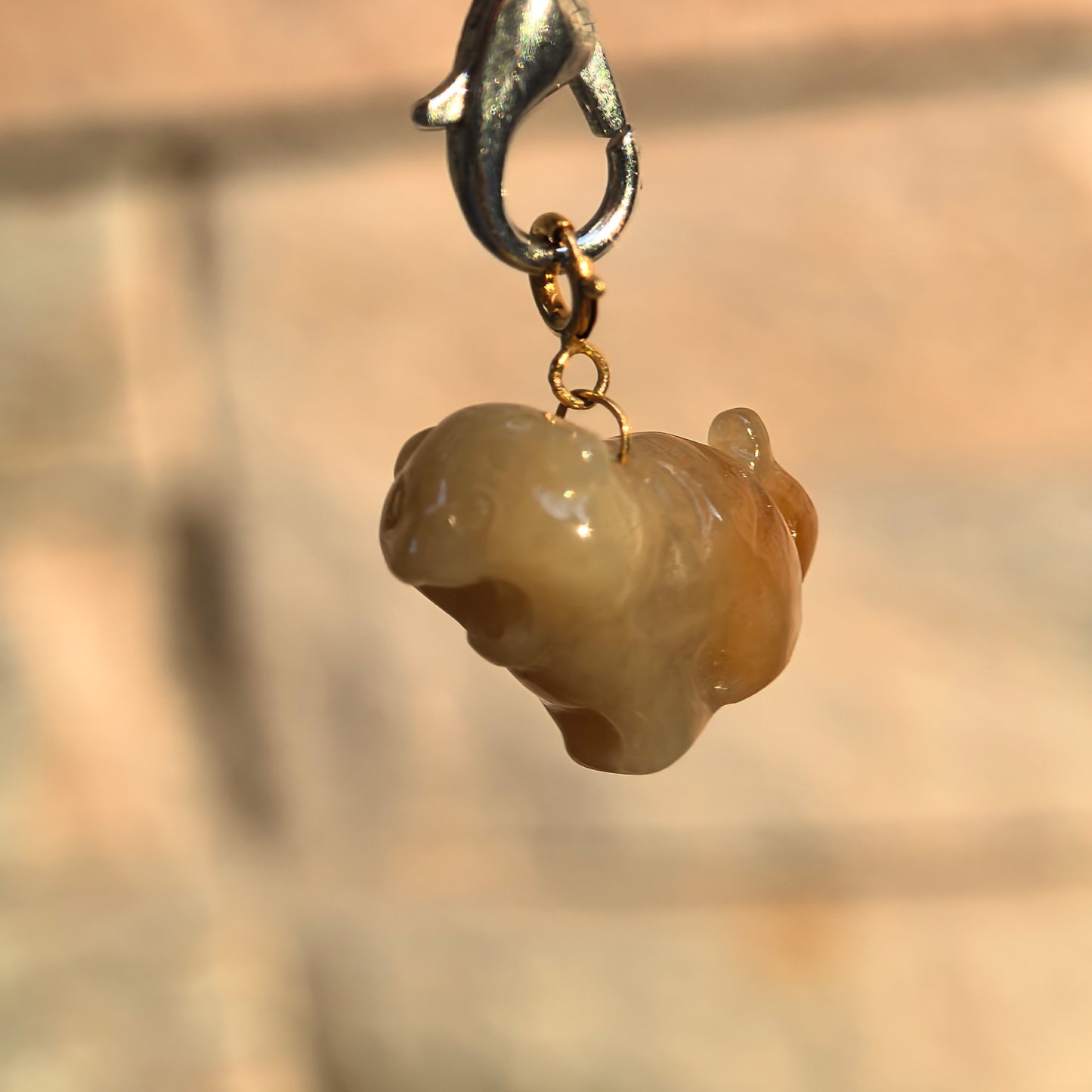 Natural Grade-A 18K Gold Bail Glutinous Icy Yellow Jadeite Tiger Charm · Burmese Jadeite