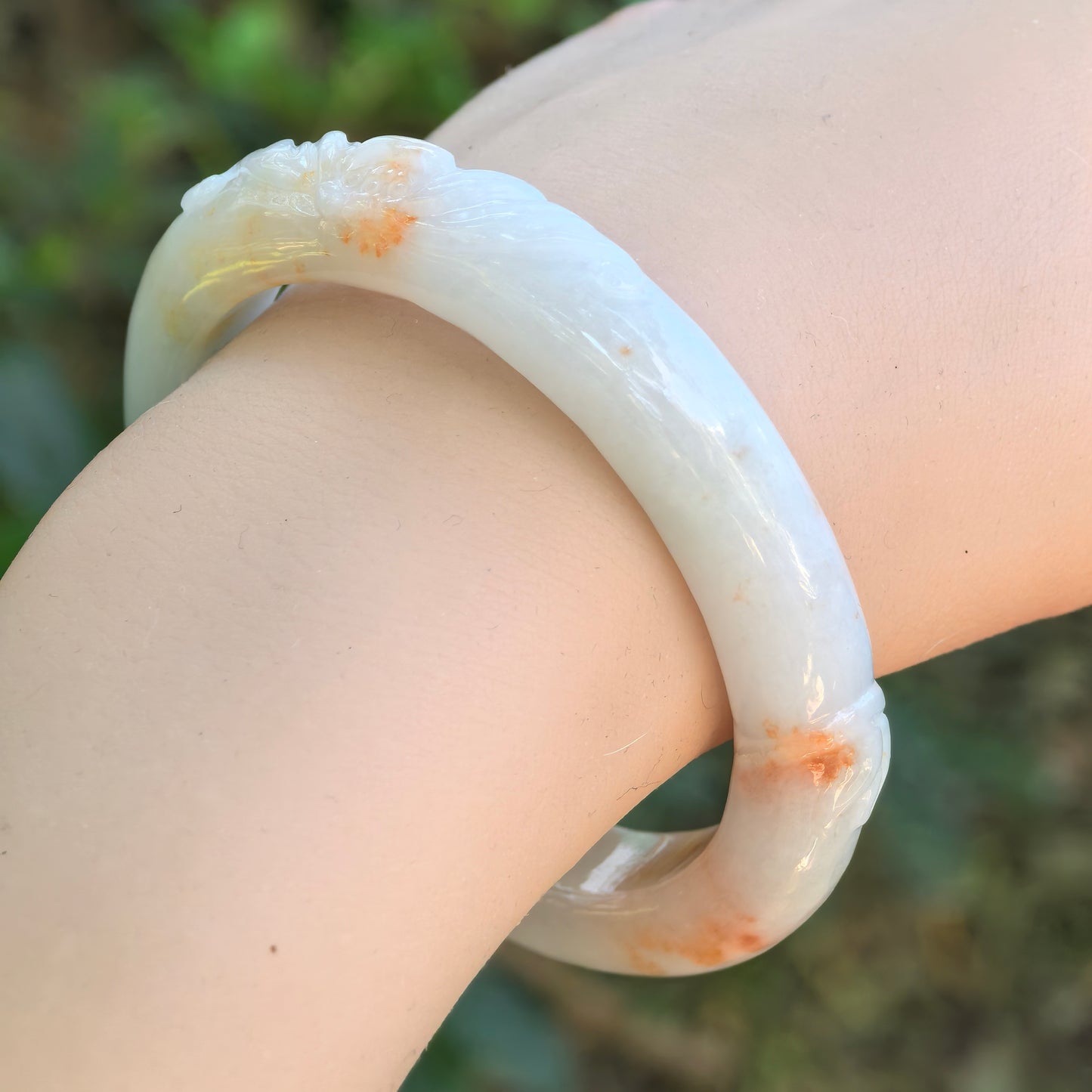 Natural Grade-A Jadeite Glutinous “Golden Splash” Carved D-shape Bangle ·Burmese Jade