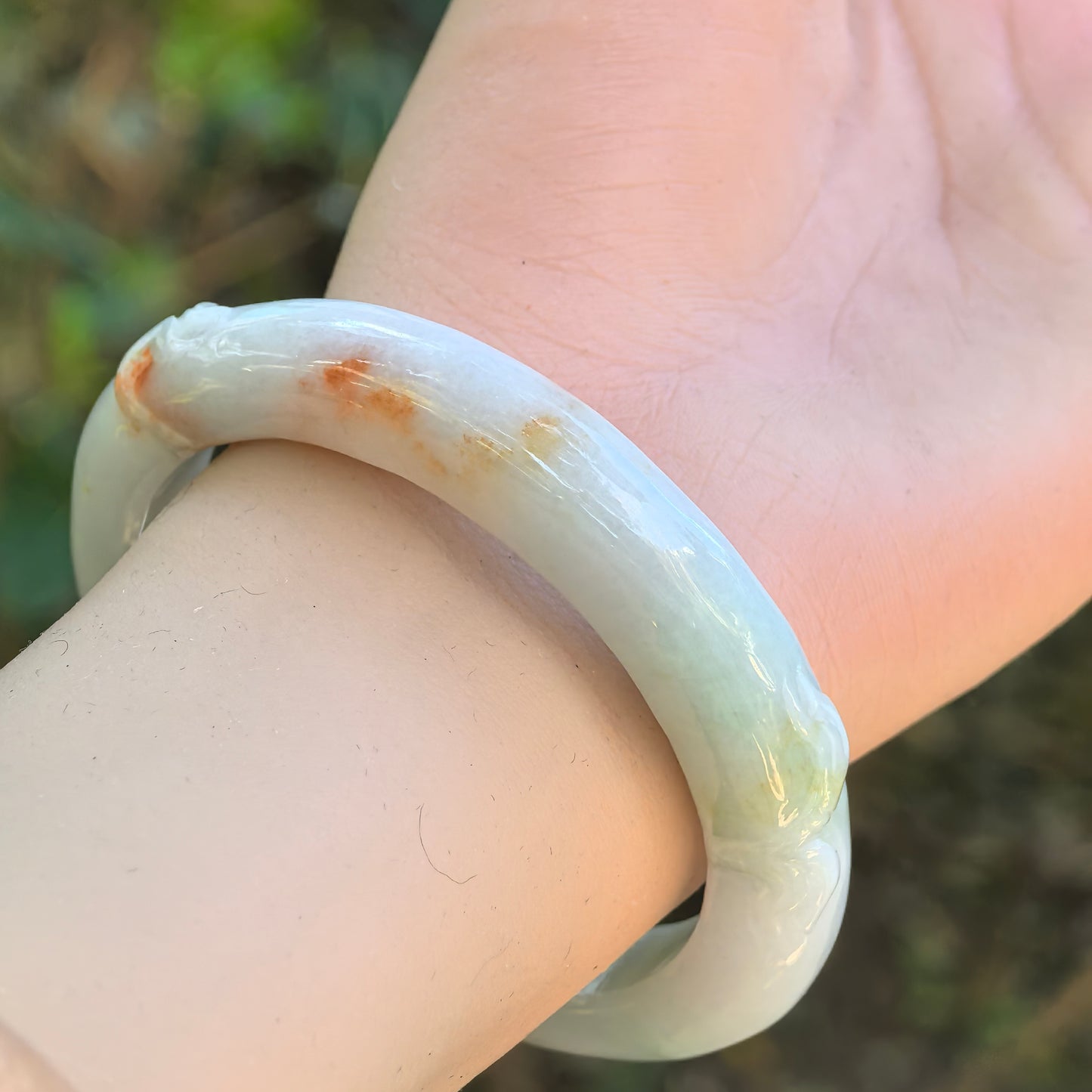 Natural Grade-A Jadeite Glutinous “Golden Splash” Carved D-shape Bangle ·Burmese Jade