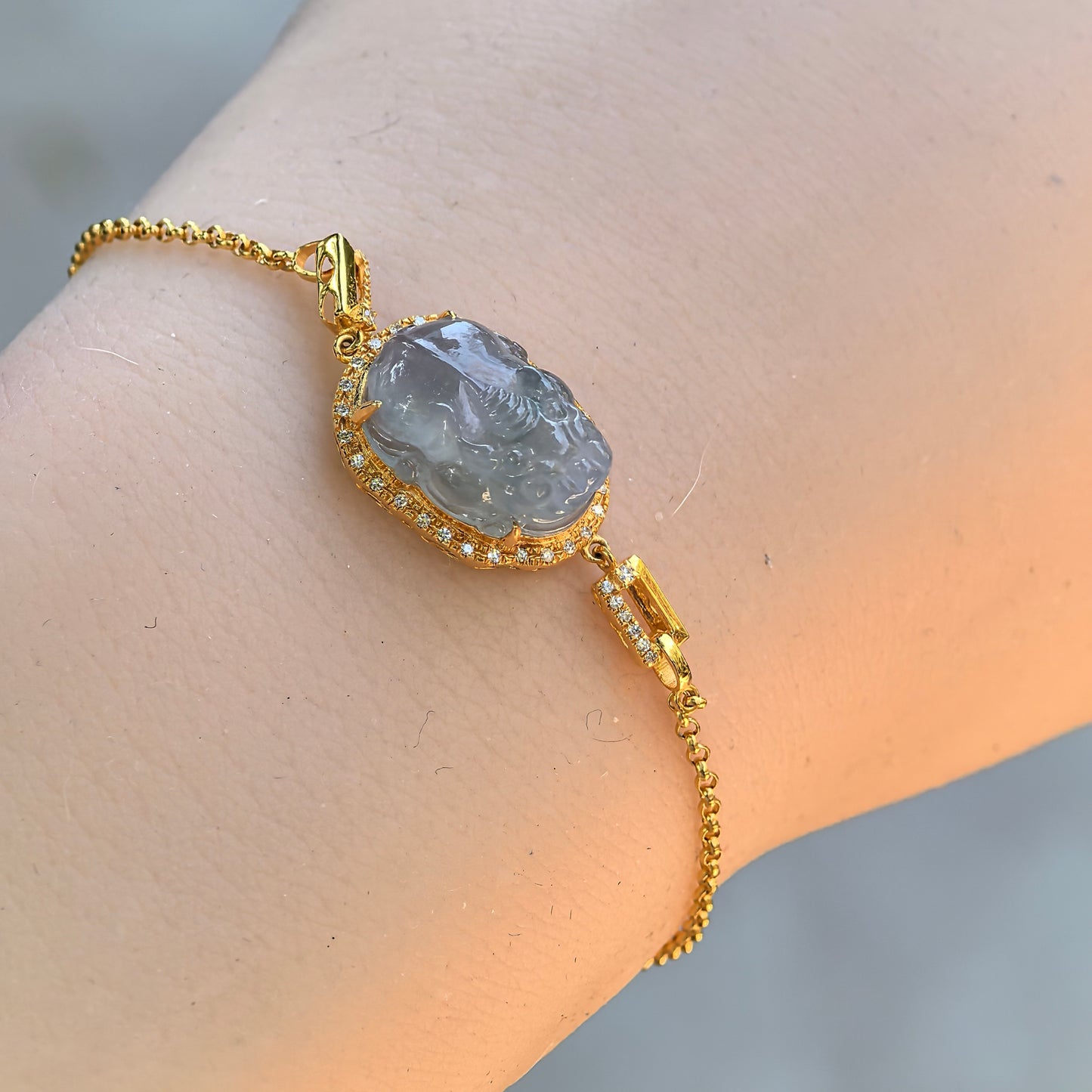 Natural Grade-A Jadeite Icy Blue Pixiu Bracelet in 18K Gold · Burmese Jade