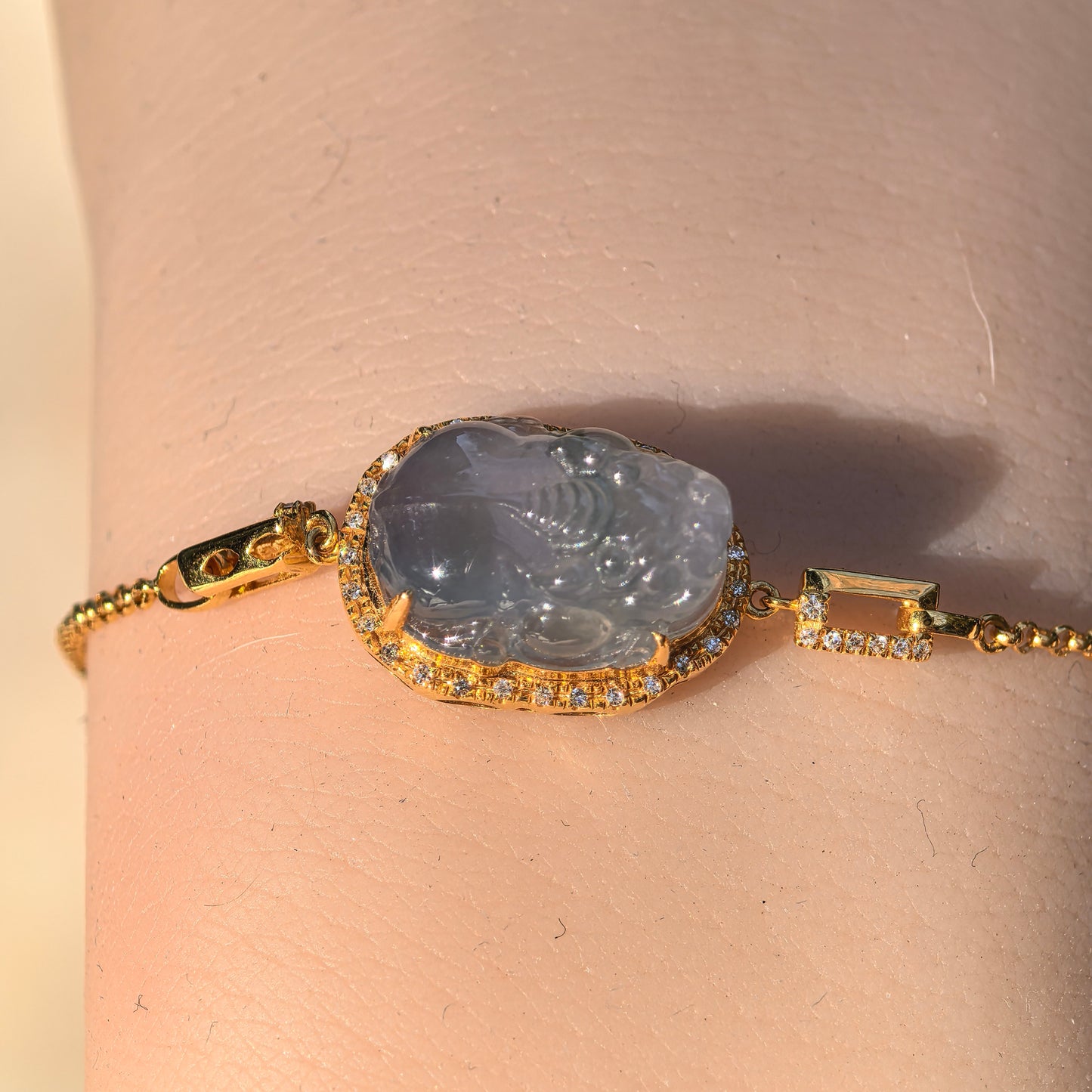 Natural Grade-A Jadeite Icy Blue Pixiu Bracelet in 18K Gold · Burmese Jade