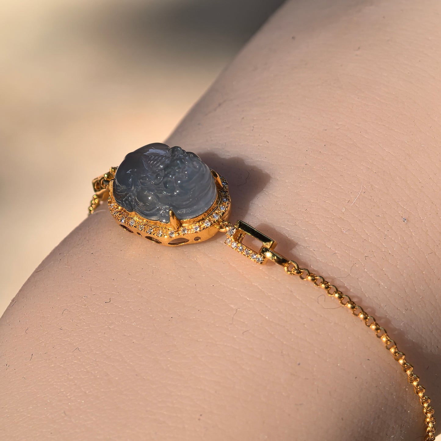 Natural Grade-A Jadeite Icy Blue Pixiu Bracelet in 18K Gold · Burmese Jade