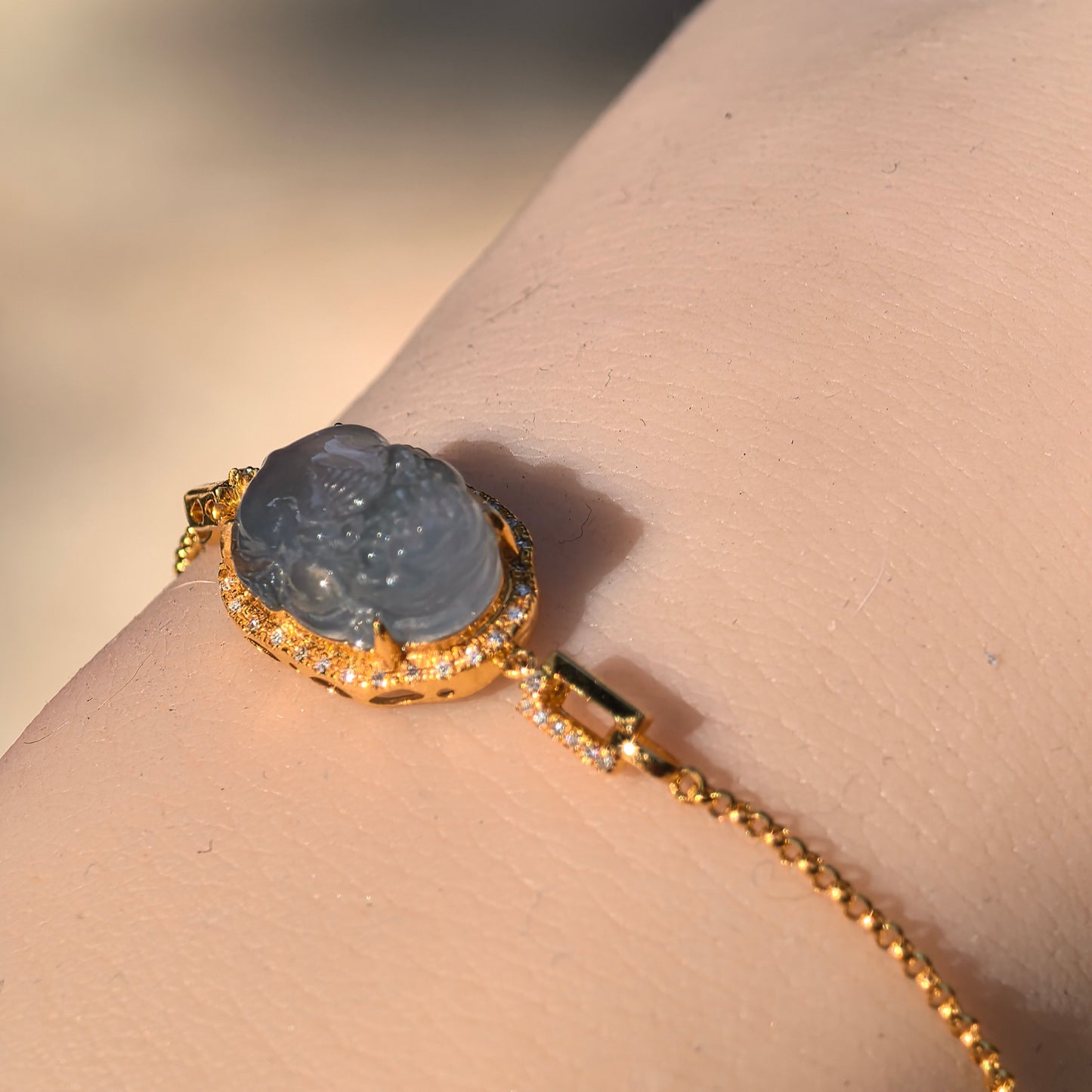 Natural Grade-A Jadeite Icy Blue Pixiu Bracelet in 18K Gold · Burmese Jade