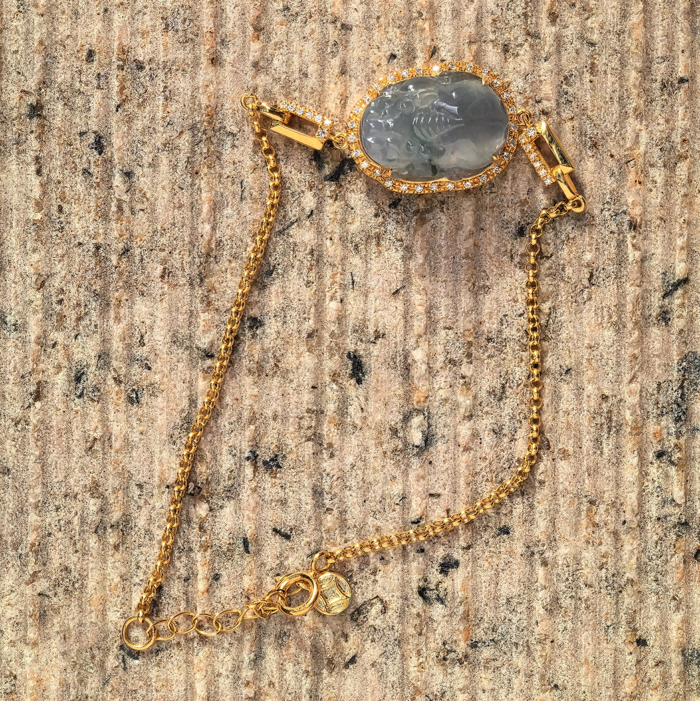 Natural Grade-A Jadeite Icy Blue Pixiu Bracelet in 18K Gold · Burmese Jade