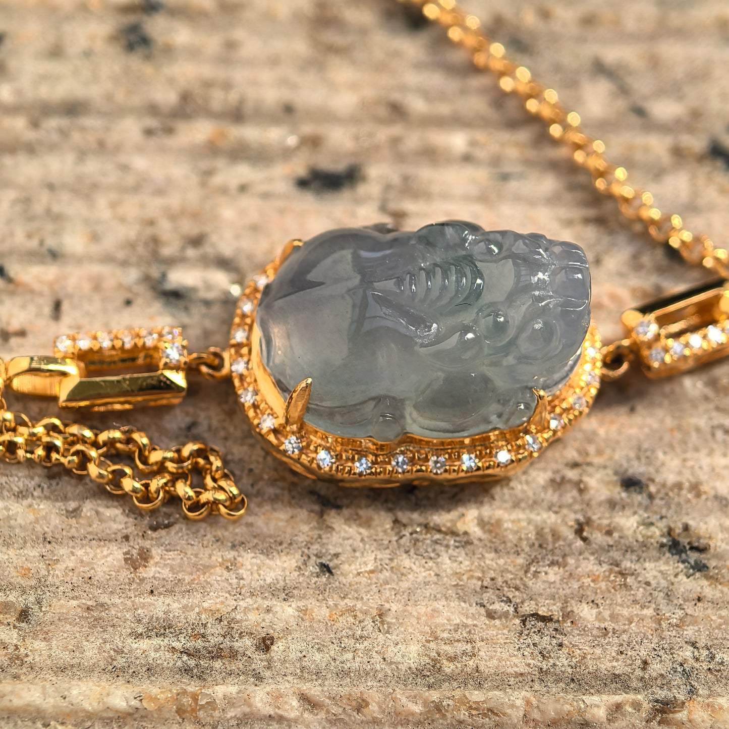 Natural Grade-A Jadeite Icy Blue Pixiu Bracelet in 18K Gold · Burmese Jade