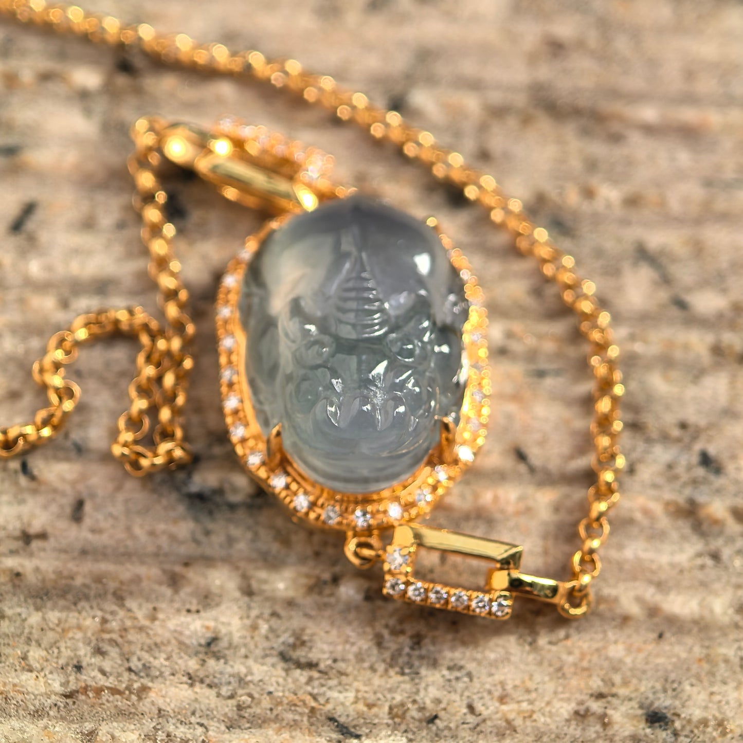 Natural Grade-A Jadeite Icy Blue Pixiu Bracelet in 18K Gold · Burmese Jade