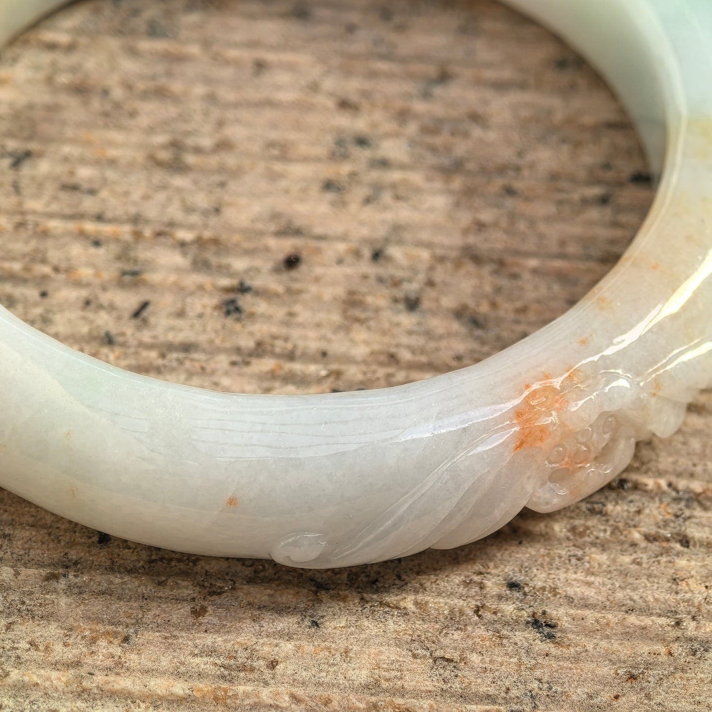 Natural Grade-A Jadeite Glutinous “Golden Splash” Carved D-shape Bangle ·Burmese Jade