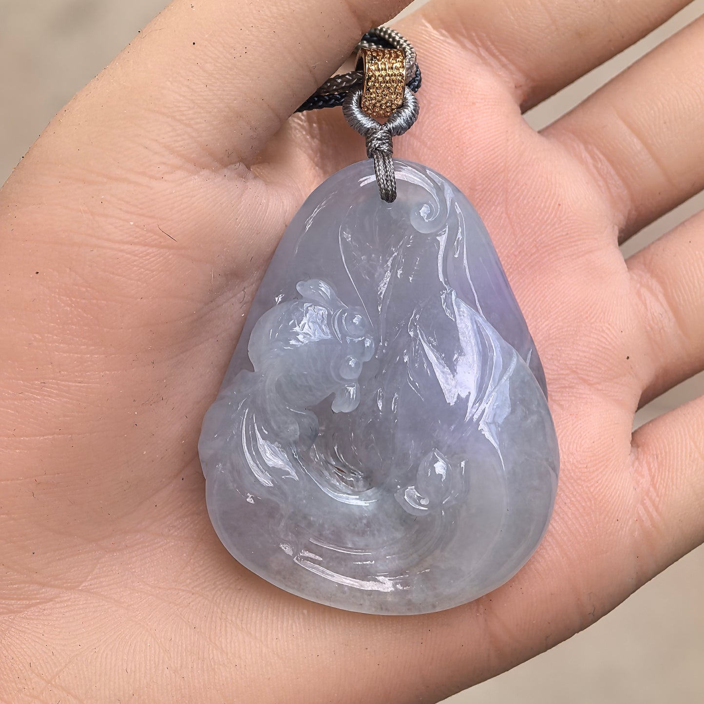 Natural Grade-A Jadeite Glutinous-Icy Lavender Lotus Fish Pendant ·Burmese Jade