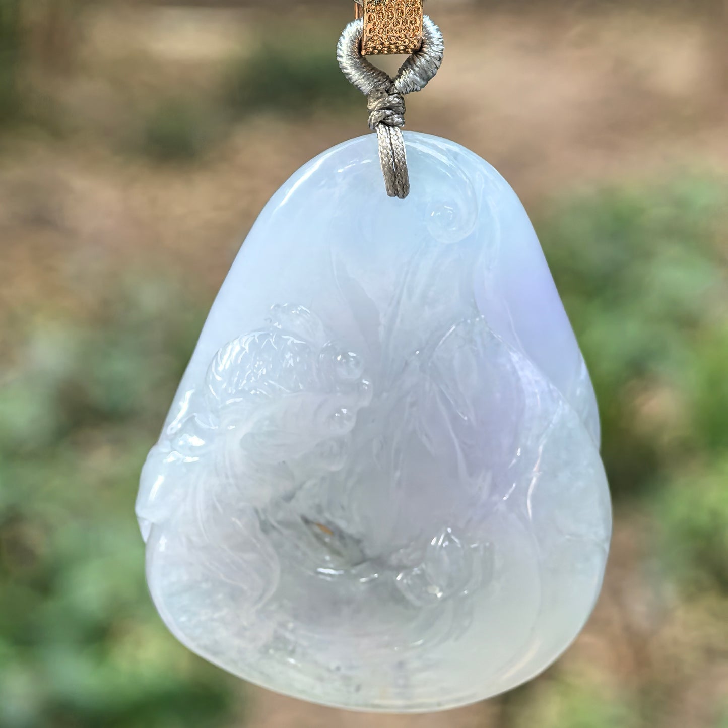 Natural Grade-A Jadeite Glutinous-Icy Lavender Lotus Fish Pendant ·Burmese Jade