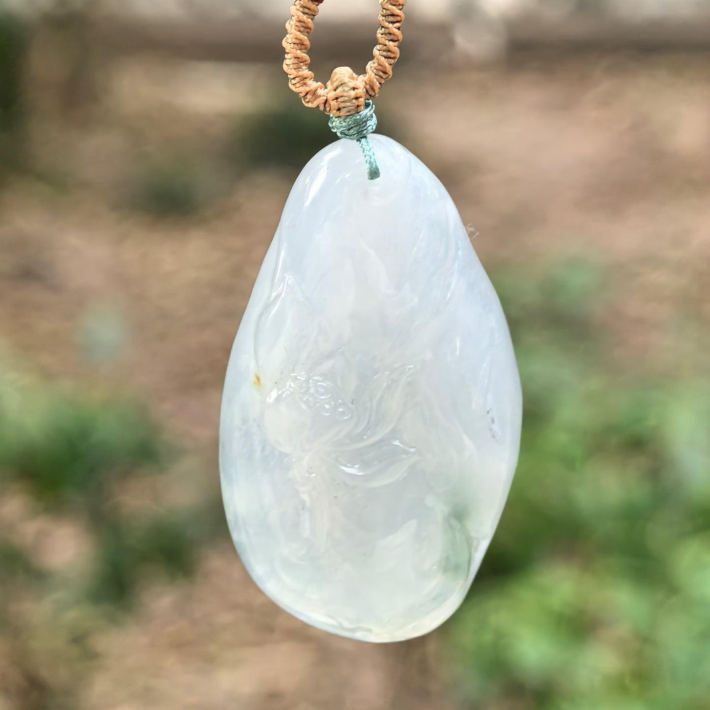 Natural Grade-A Jadeite Icy Glutinous Lotus Fish Pendant · Burmese Jade