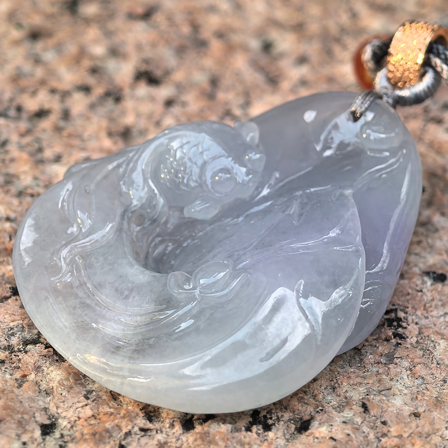 Natural Grade-A Jadeite Glutinous-Icy Lavender Lotus Fish Pendant ·Burmese Jade