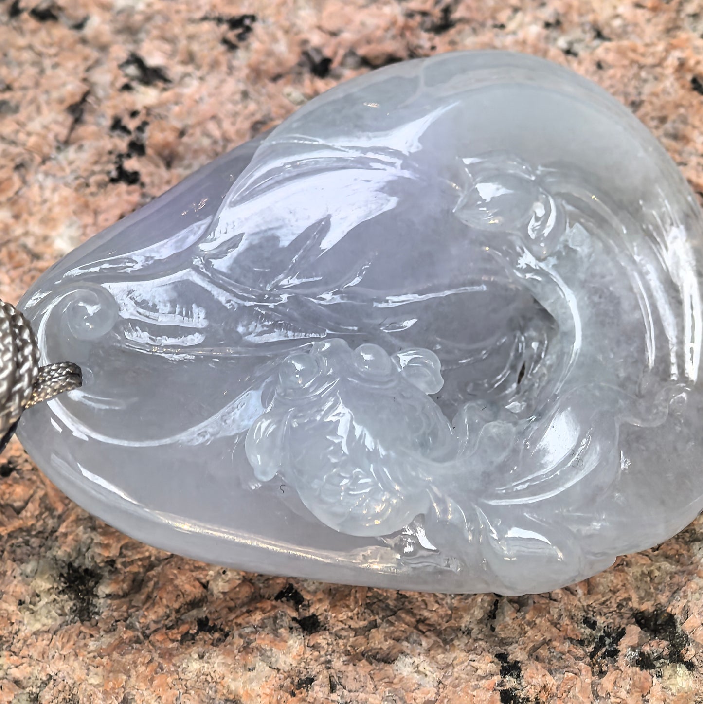 Natural Grade-A Jadeite Glutinous-Icy Lavender Lotus Fish Pendant ·Burmese Jade