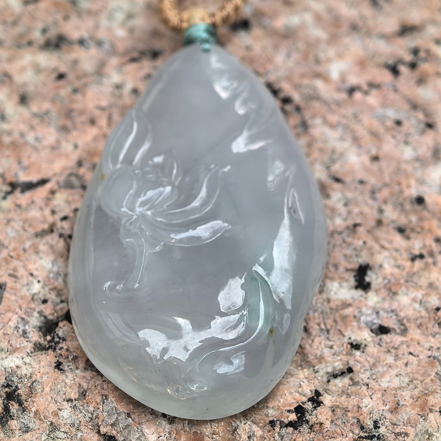 Natural Grade-A Jadeite Icy Glutinous Lotus Fish Pendant · Burmese Jade