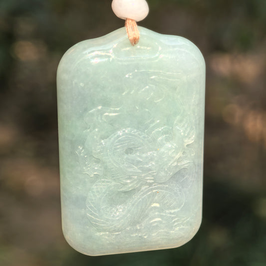 Natural Grade-A Jadeite “Dragon” Pendant – Blue-Tone Glutinous Jade Amulet · Burmese Jade
