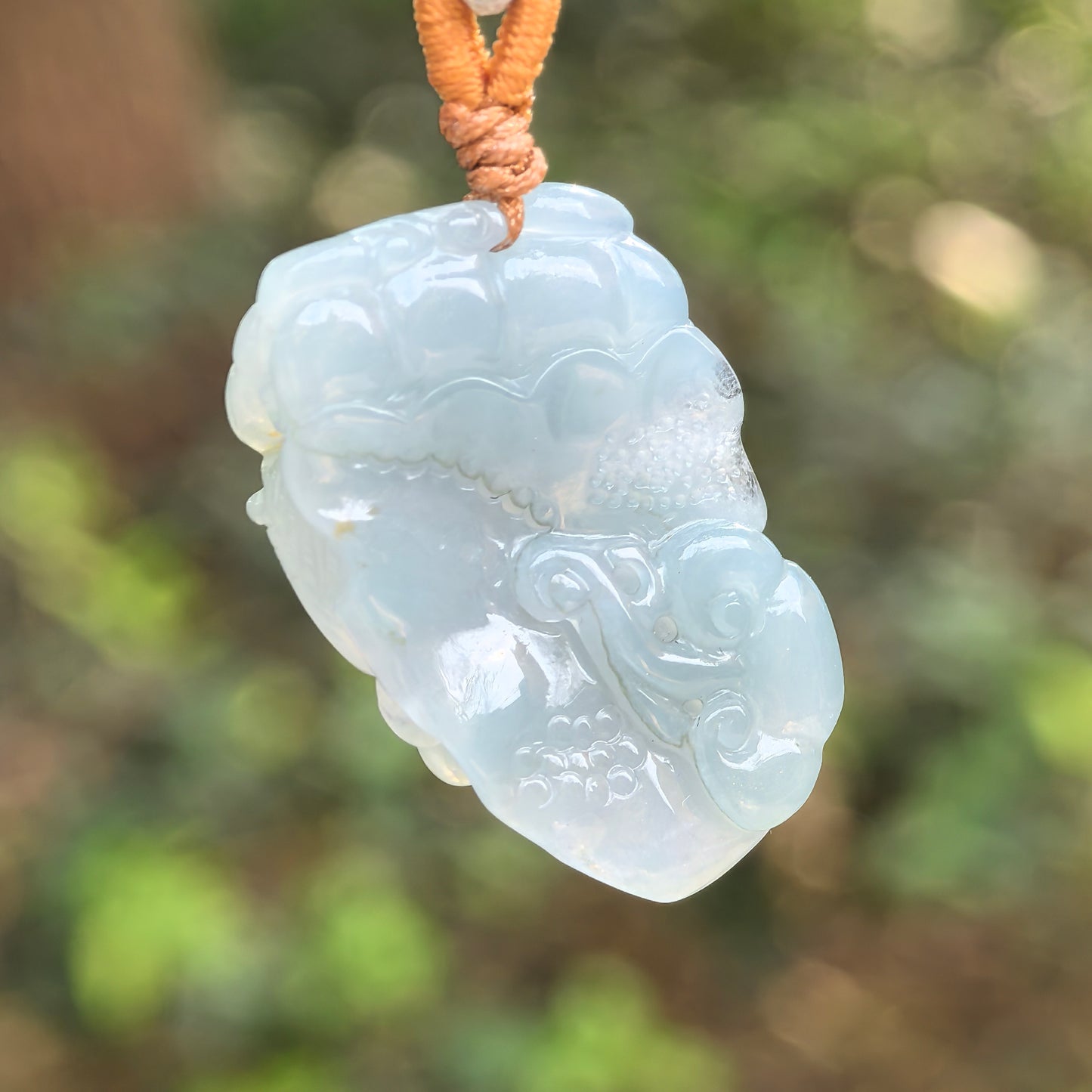 Natural Grade-A Jadeite Glutinous-Icy Blue Lotus Pendant · Burmese Jade