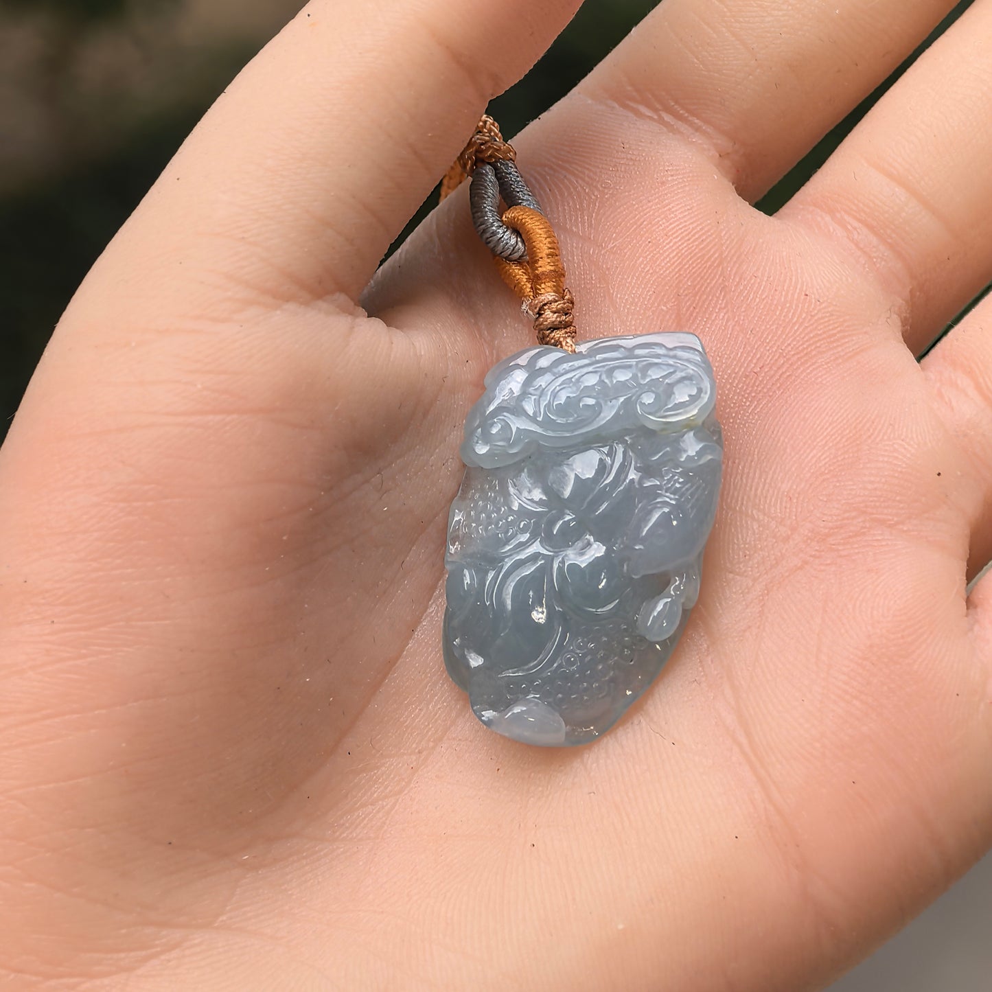 Natural Grade-A Jadeite Glutinous-Icy Blue Lotus Pendant · Burmese Jade