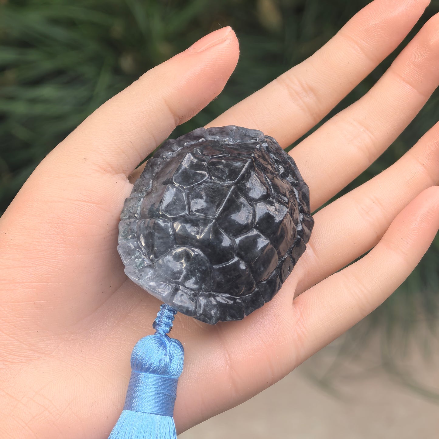 Natural Grade-A Black-and-White Jadeite Turtle Shell Carving Ornament ·Burmese Jade