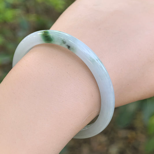 Natural Grade-A Glutinous-Icy Green Floating Flower Oval Jadeite Bangle ·Burmese Jade