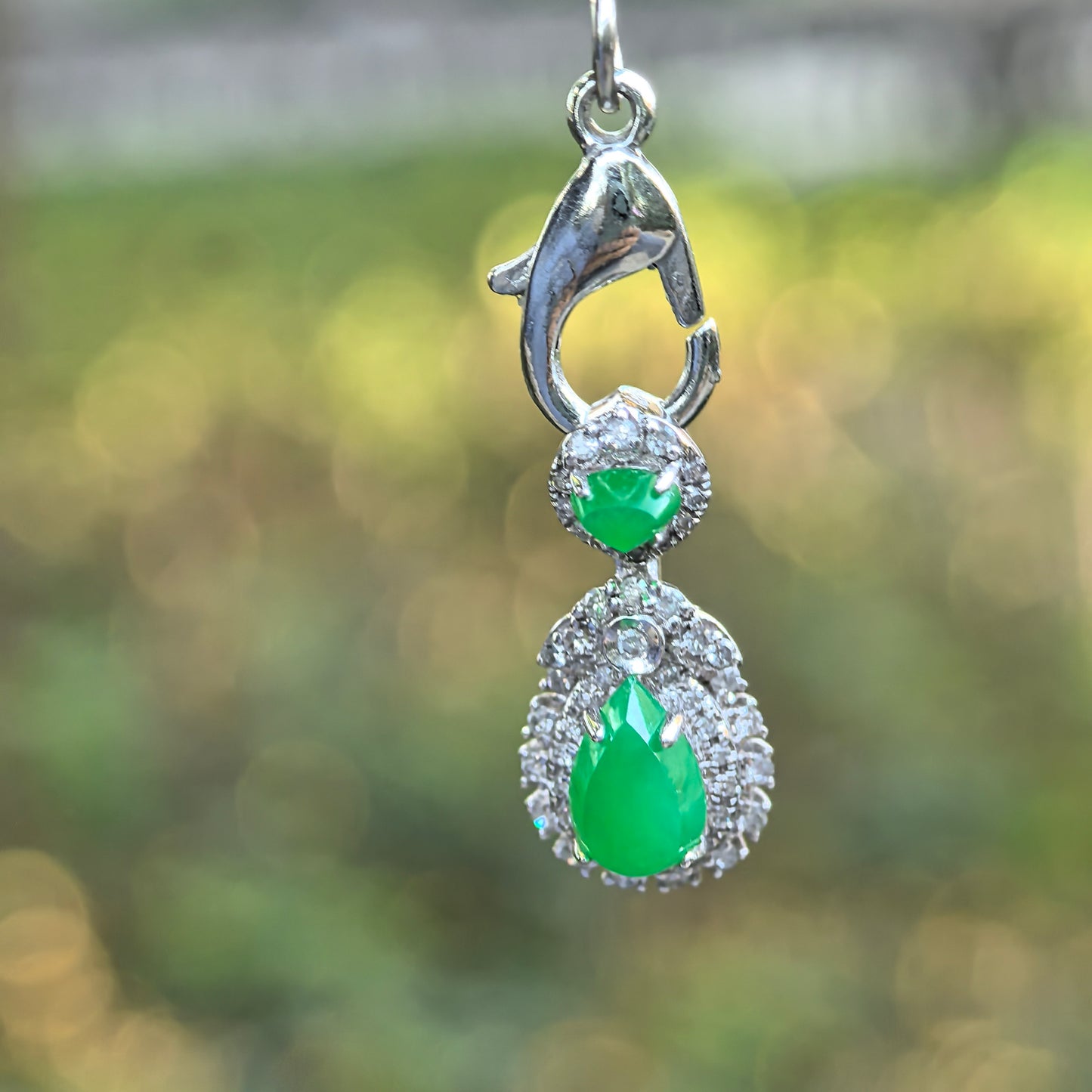 Natural Grade-A Jadeite Imperial Green Teardrop Pendant in 18K Gold with Diamond Halo · Burmese Jade